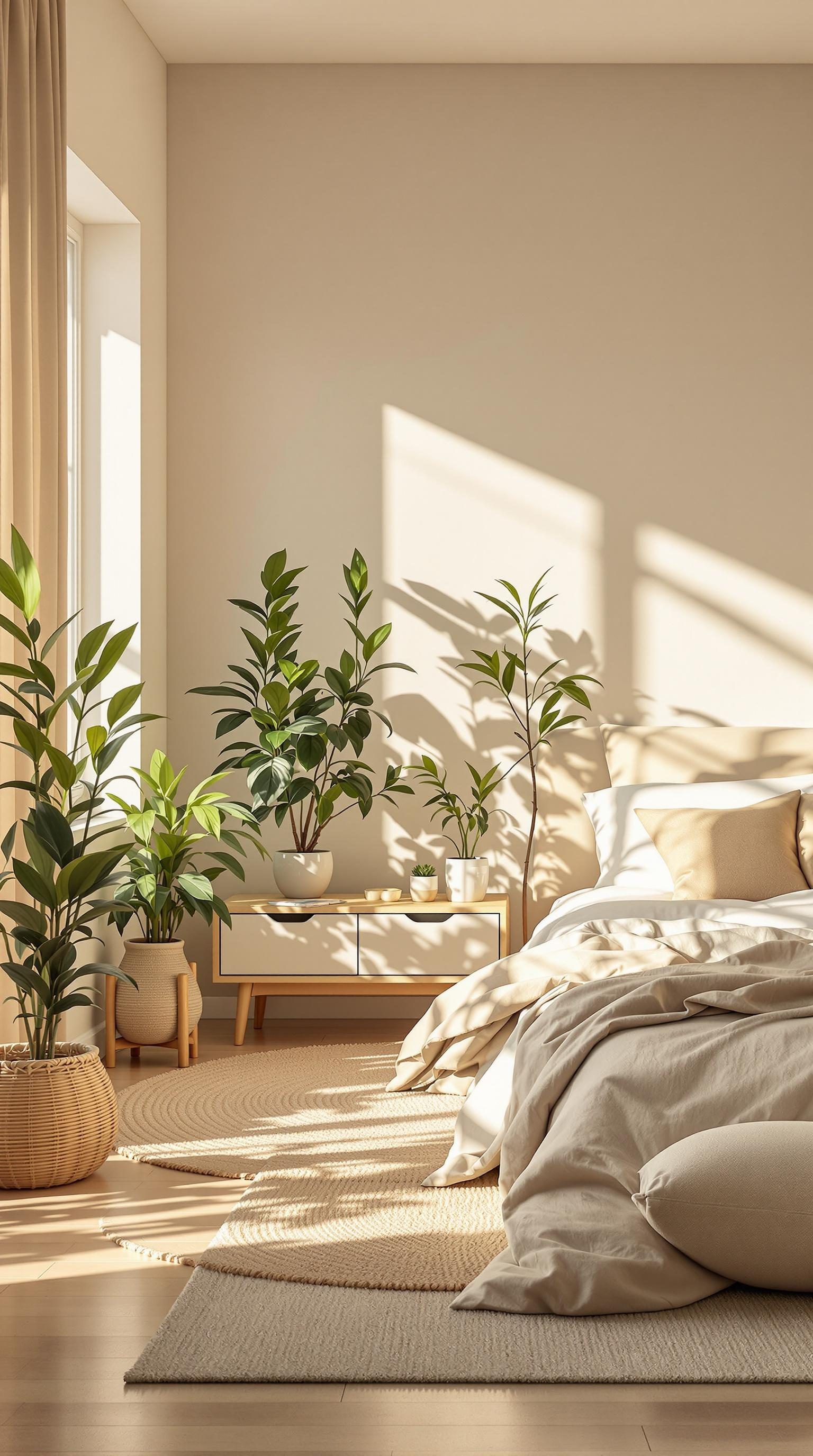 A beige bedroom with plants and natural light