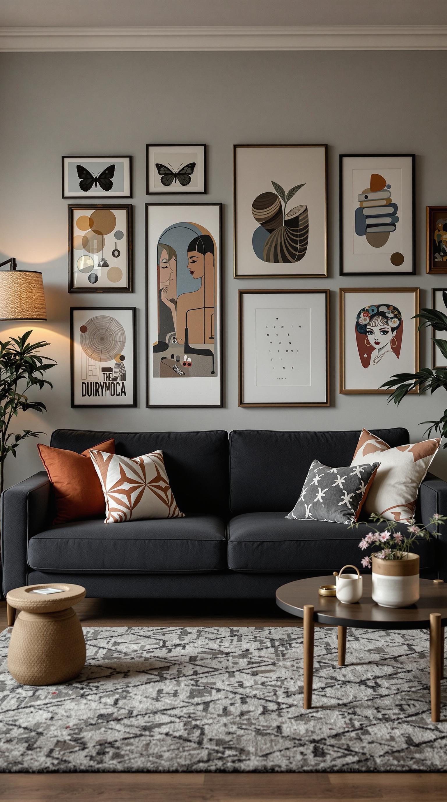 A stylish living room with a dark grey couch, colorful wall art, and a cozy atmosphere.