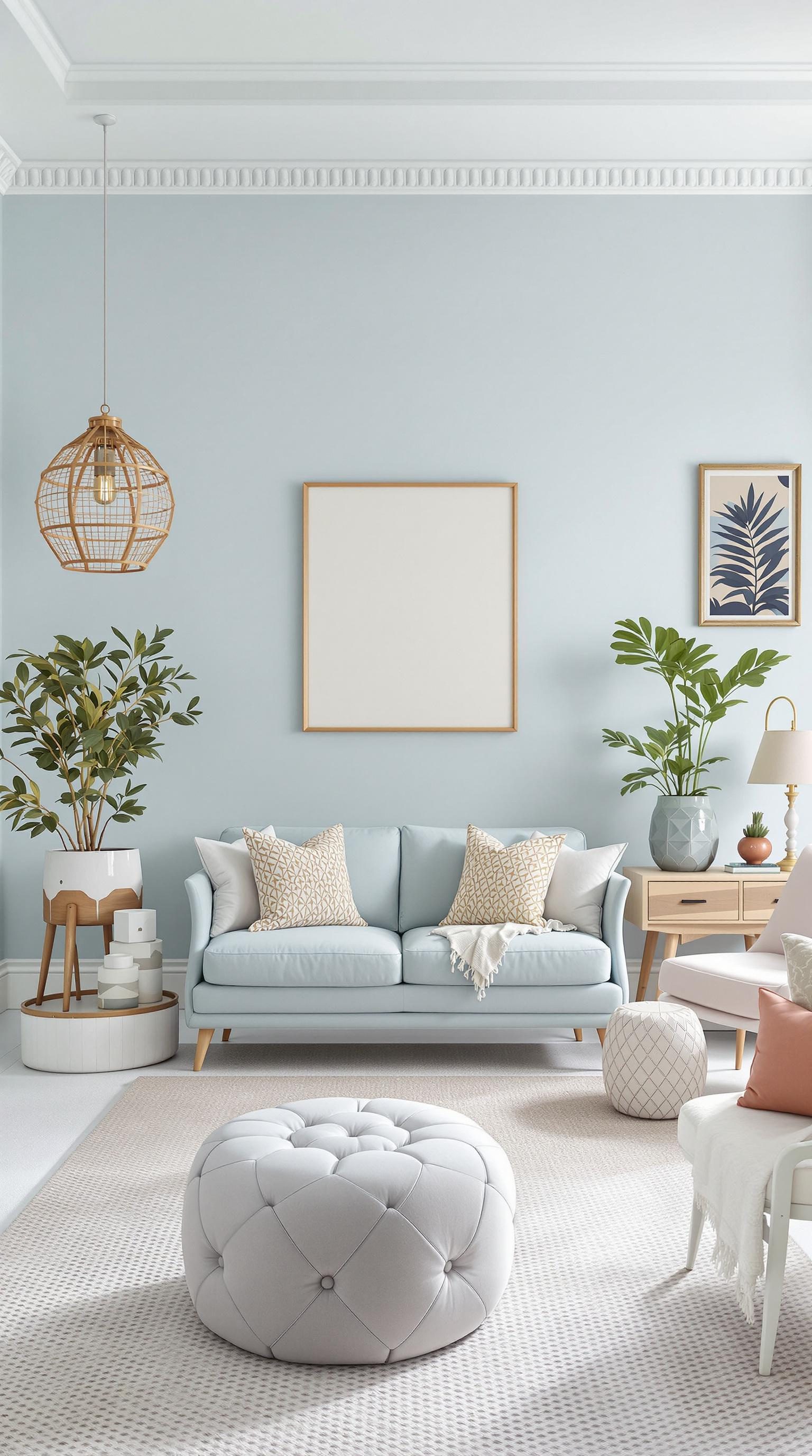 Light blue boho bedroom with eclectic furniture