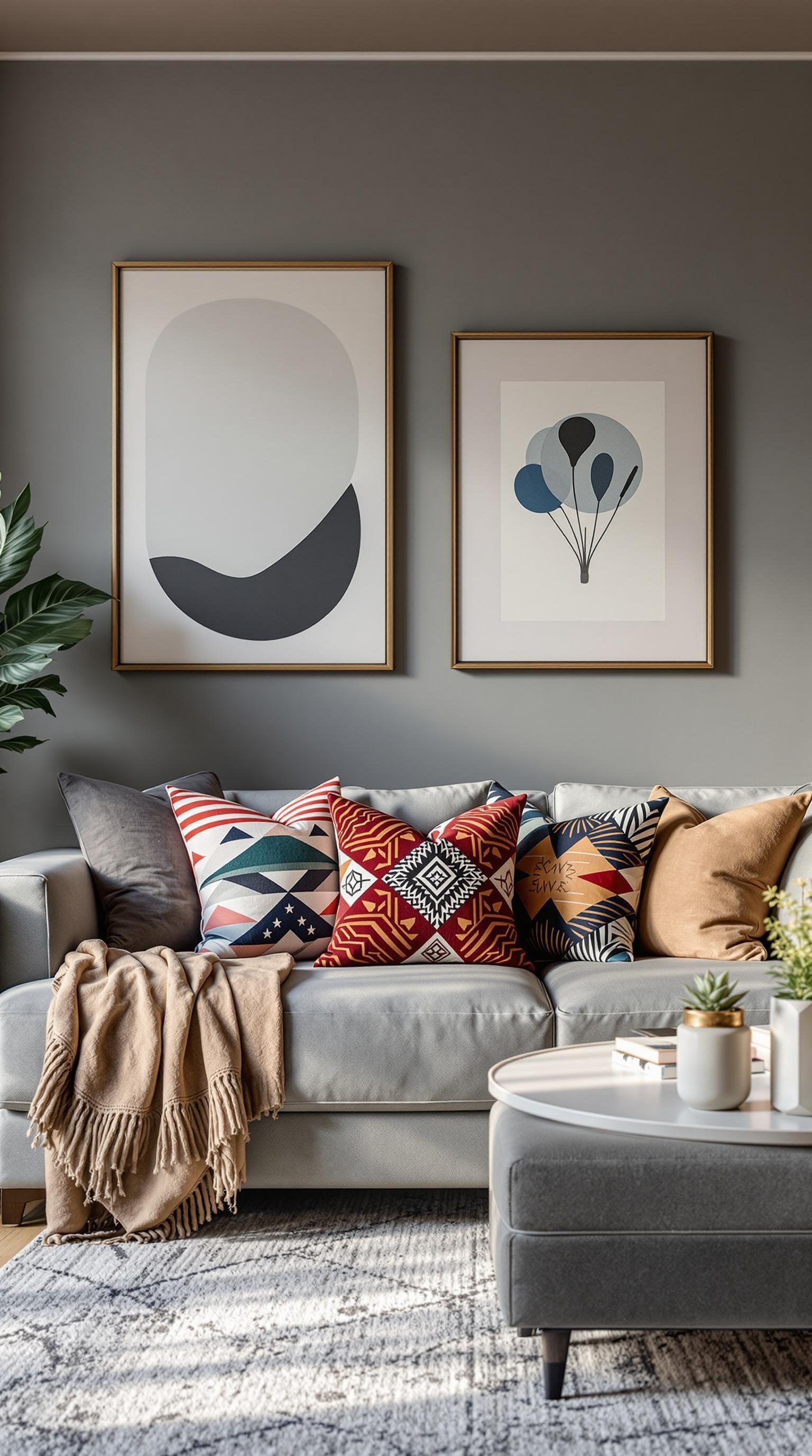 A grey couch adorned with colorful patterned pillows in a stylish living room.