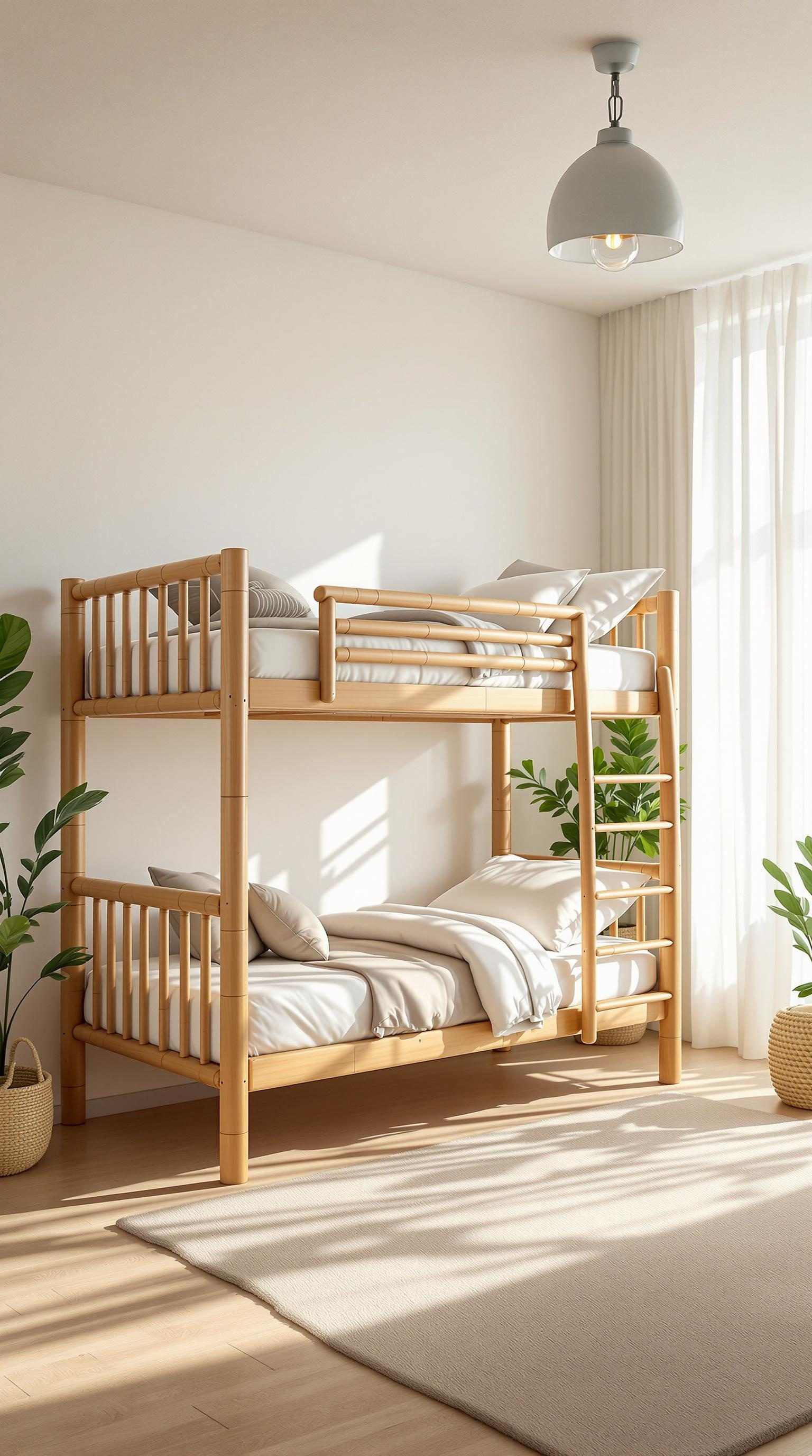 A stylish bamboo bunk bed in a bright, airy room with plants and natural light.