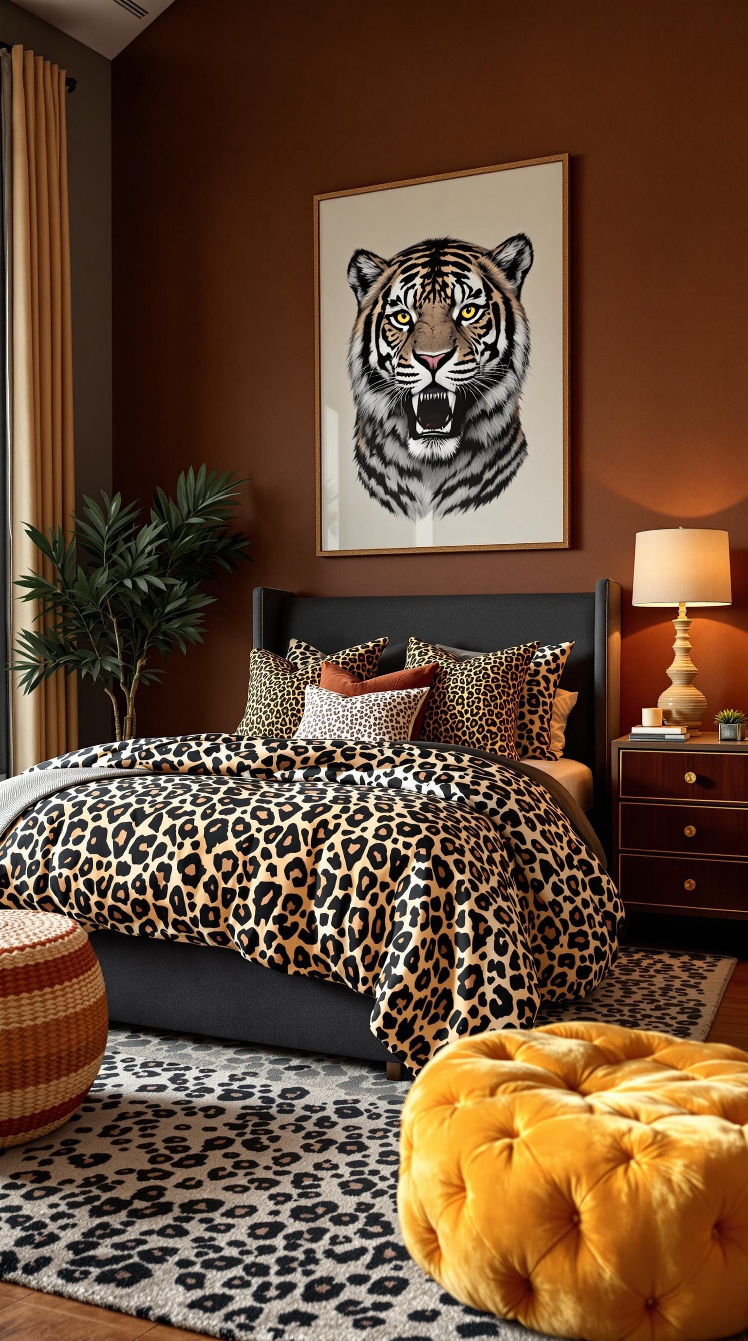 A stylish bedroom featuring bold animal prints with a tiger artwork and leopard patterned bedding.