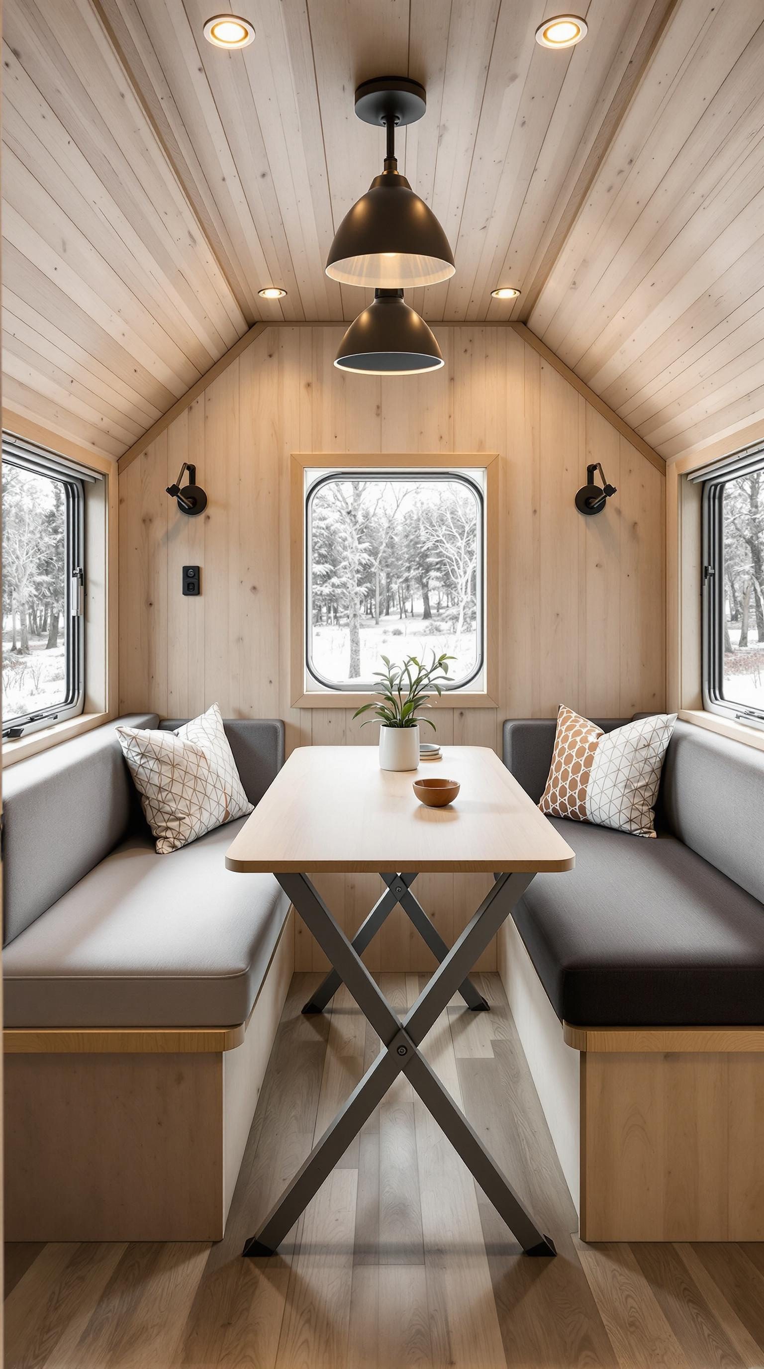 A cozy small cabin interior with a dining area that features a table and seating.