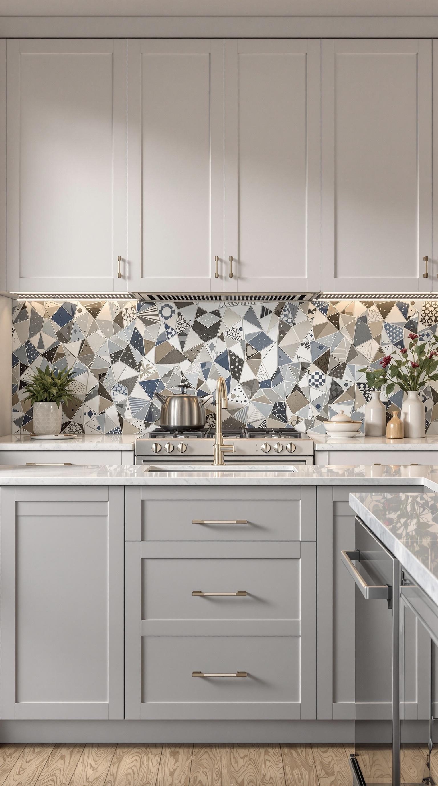 A modern kitchen featuring a colorful geometric backsplash with gray cabinets and gold accents.