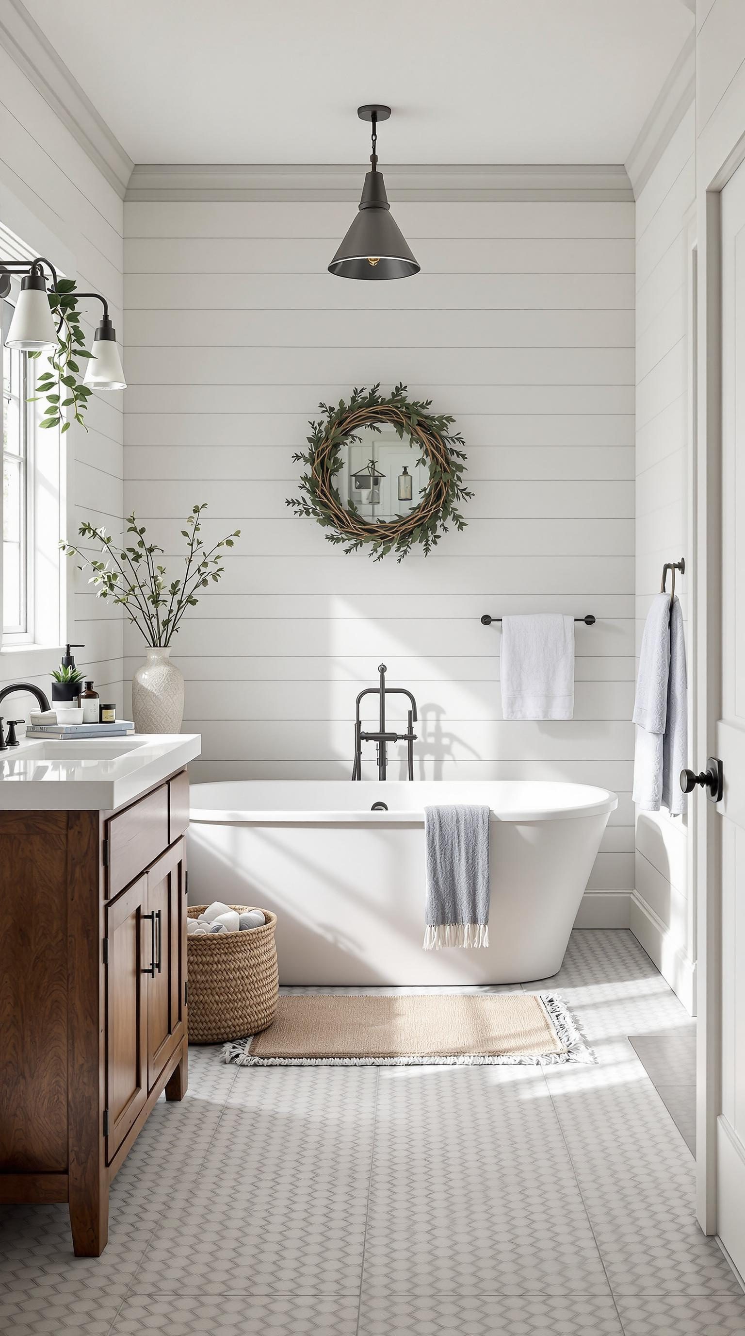 Elegant bathroom featuring shiplap walls, a freestanding tub, and wooden accents.