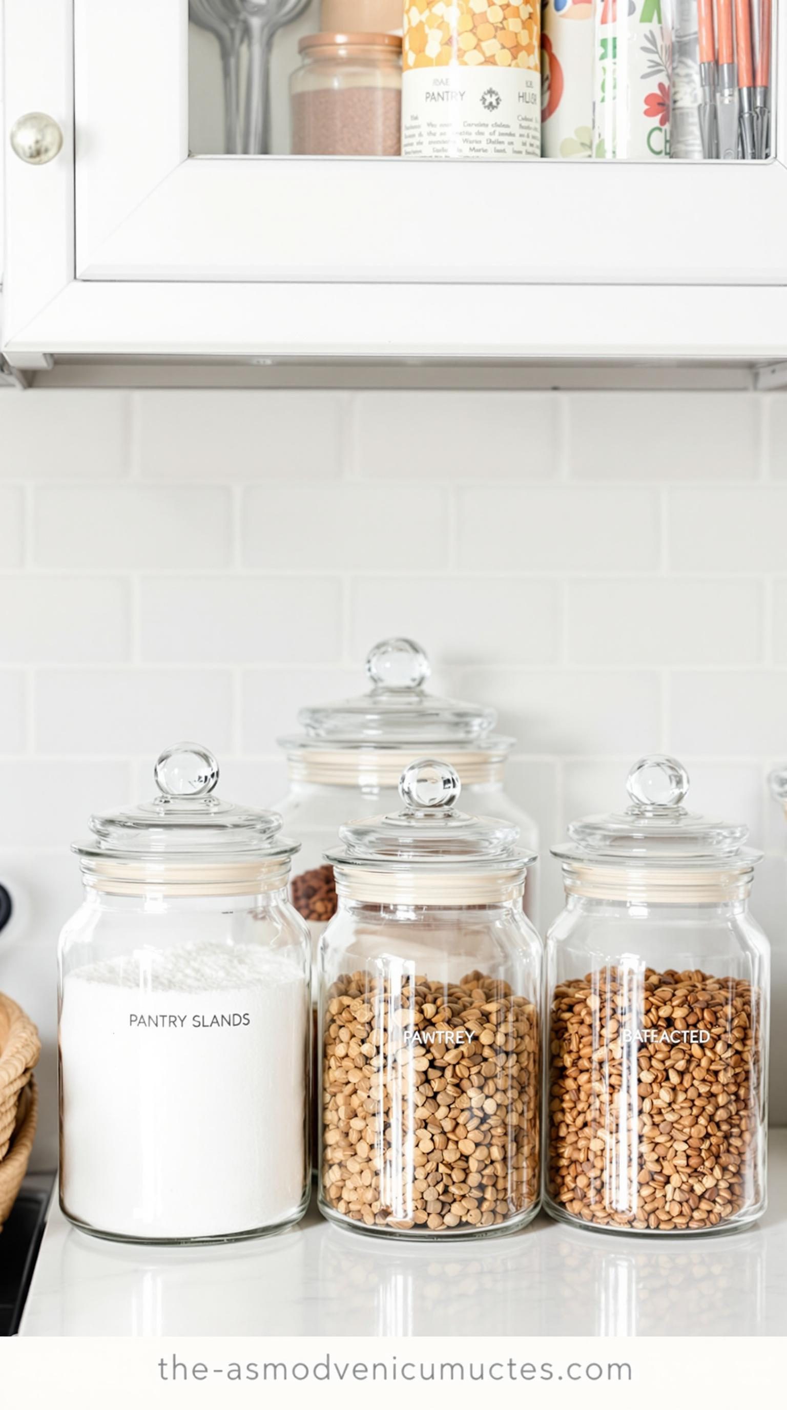 Glass canisters for kitchen storage with labeled contents.