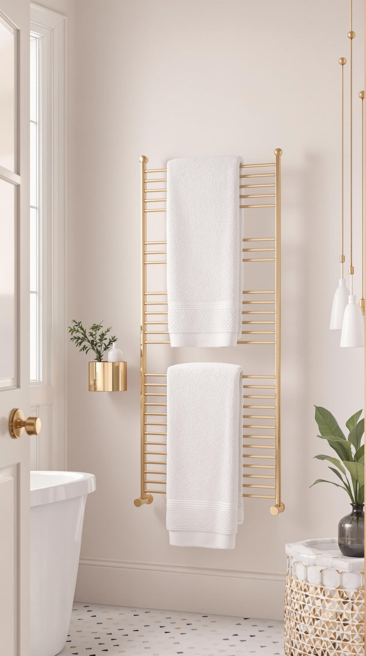 A stylish bathroom featuring gold accents, white towels, and a plant.