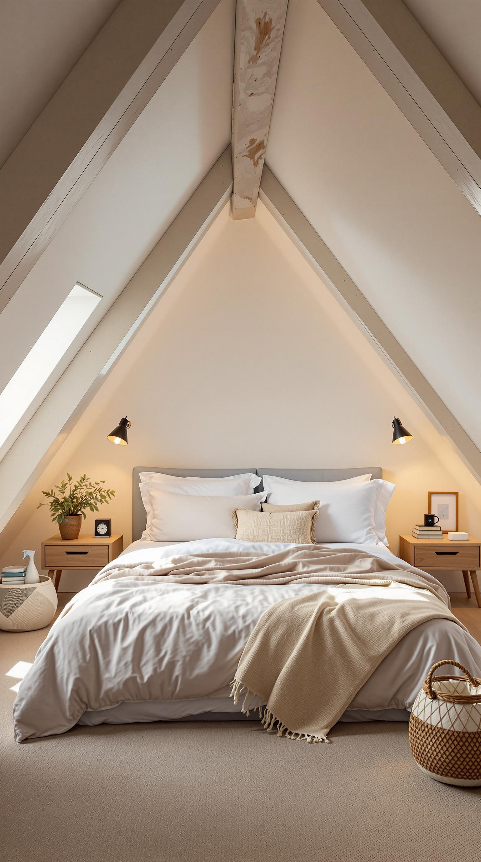 Cozy guest bedroom with sloped ceiling, warm bedding, and tasteful decor