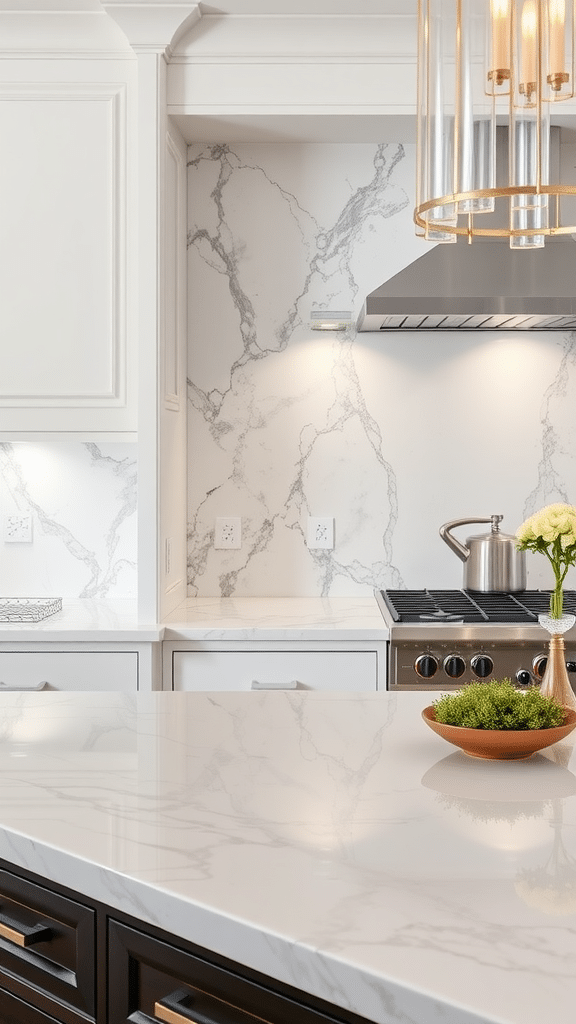 A modern kitchen featuring elegant marble finishes on the countertops and backsplash.