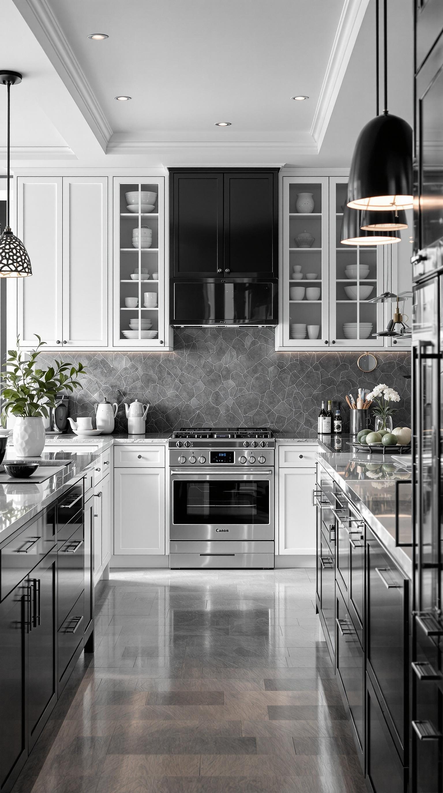 Stylish monochrome kitchen with black and white cabinets, modern appliances, and a textured backsplash.