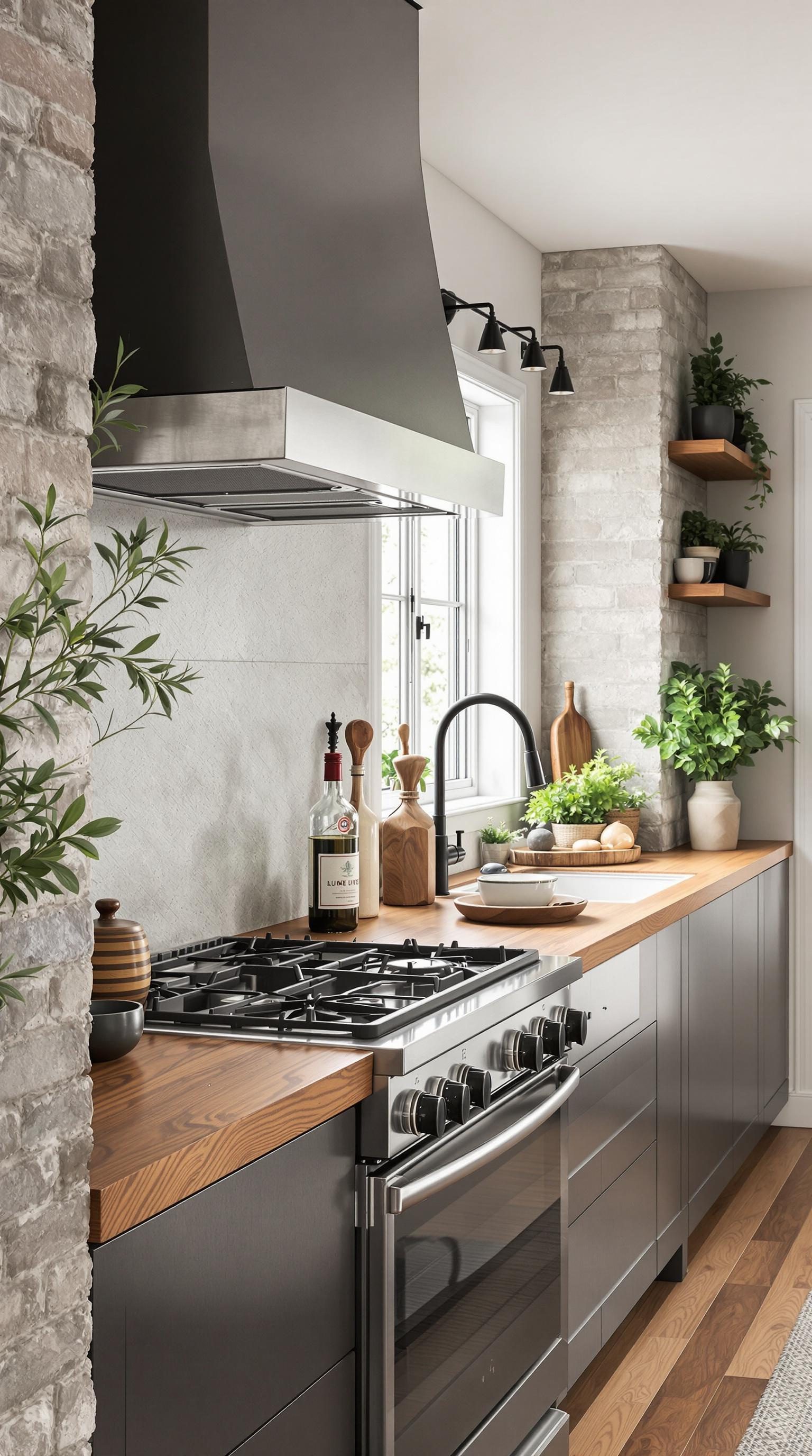 Modern kitchen with wooden countertops and stone accents