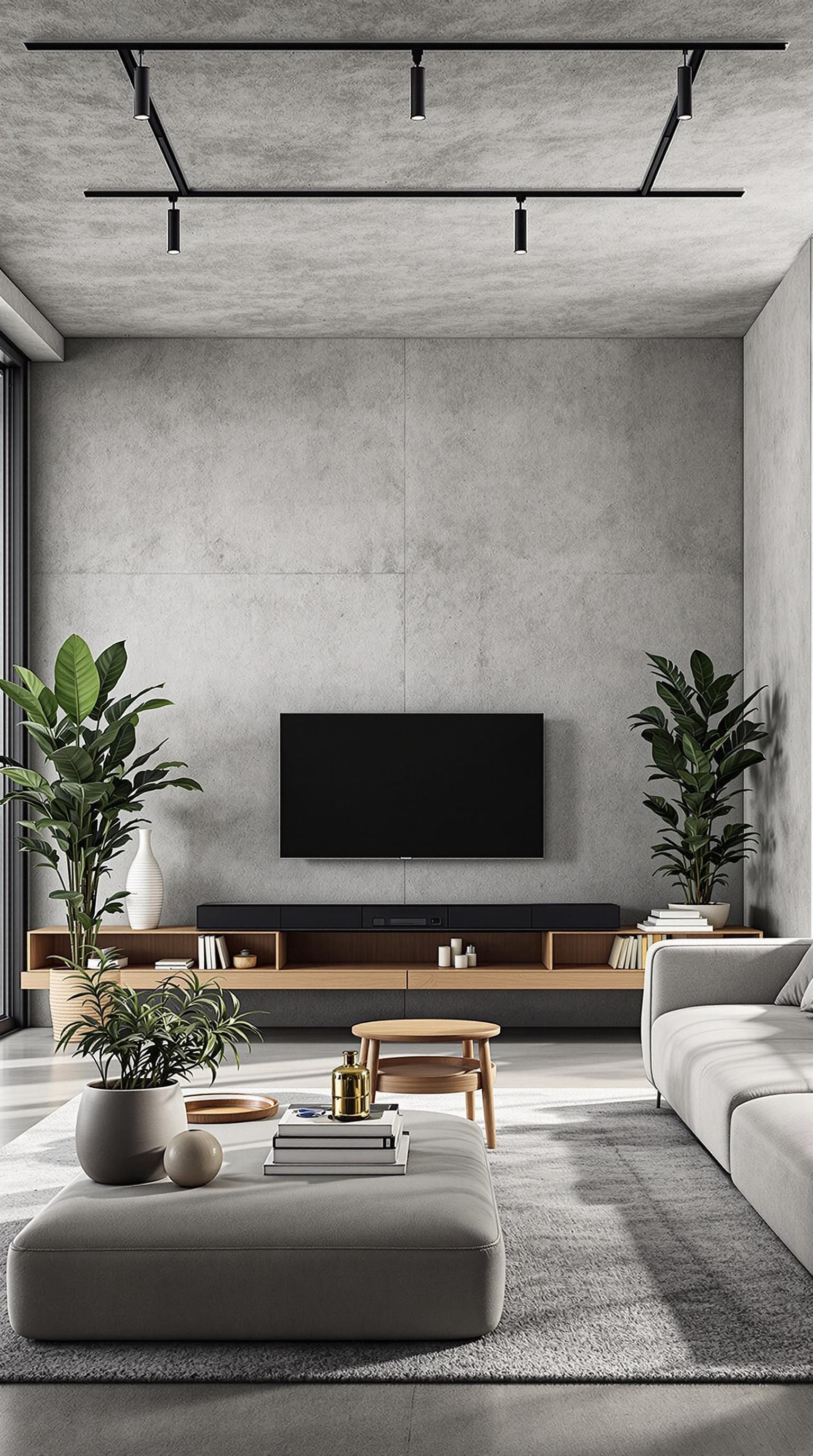 A modern living room featuring exposed concrete walls, a black TV, wooden furniture, and plants.