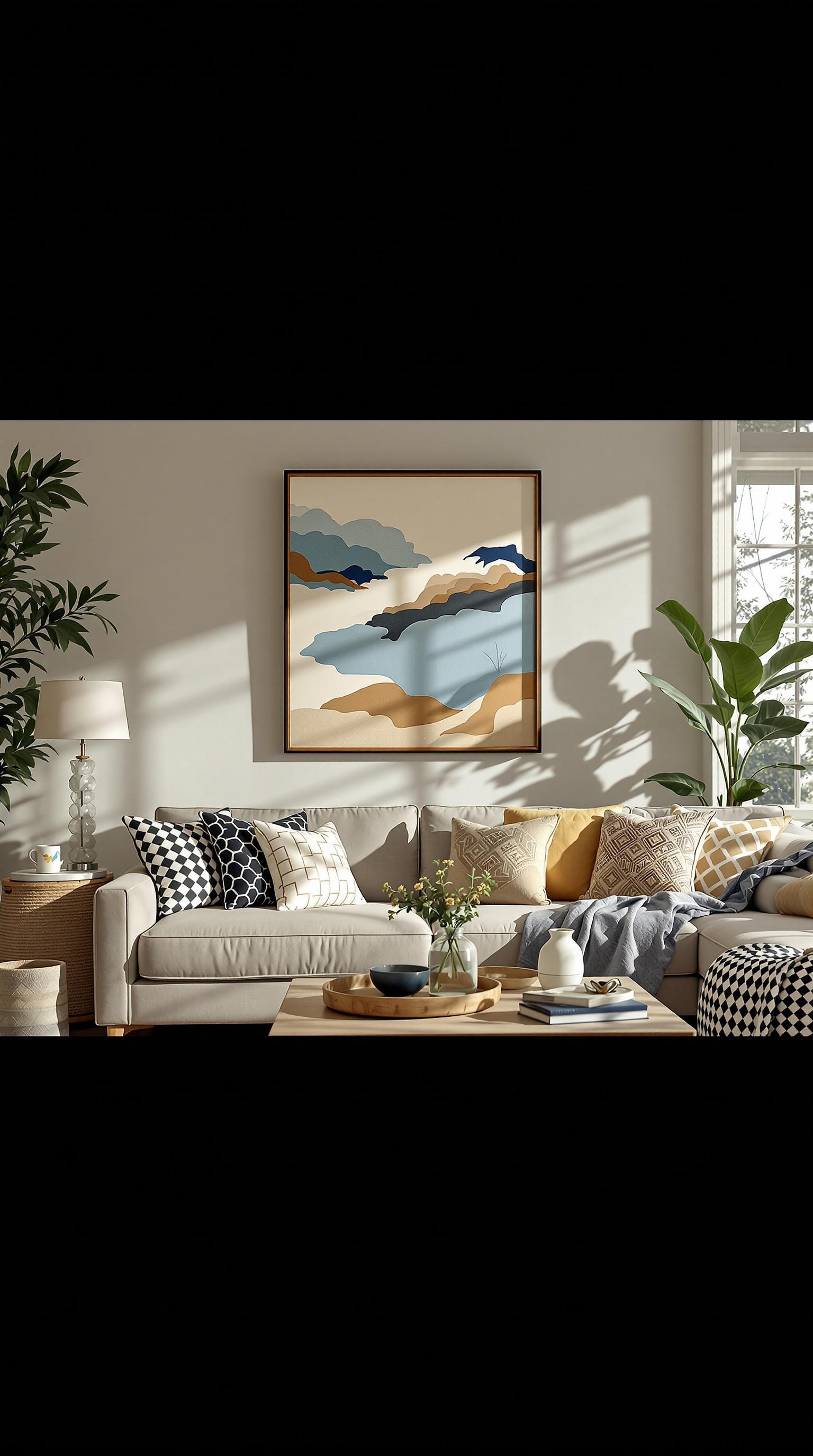 Cozy coastal living room with a light color palette, comfortable sofa, and decorative pillows.