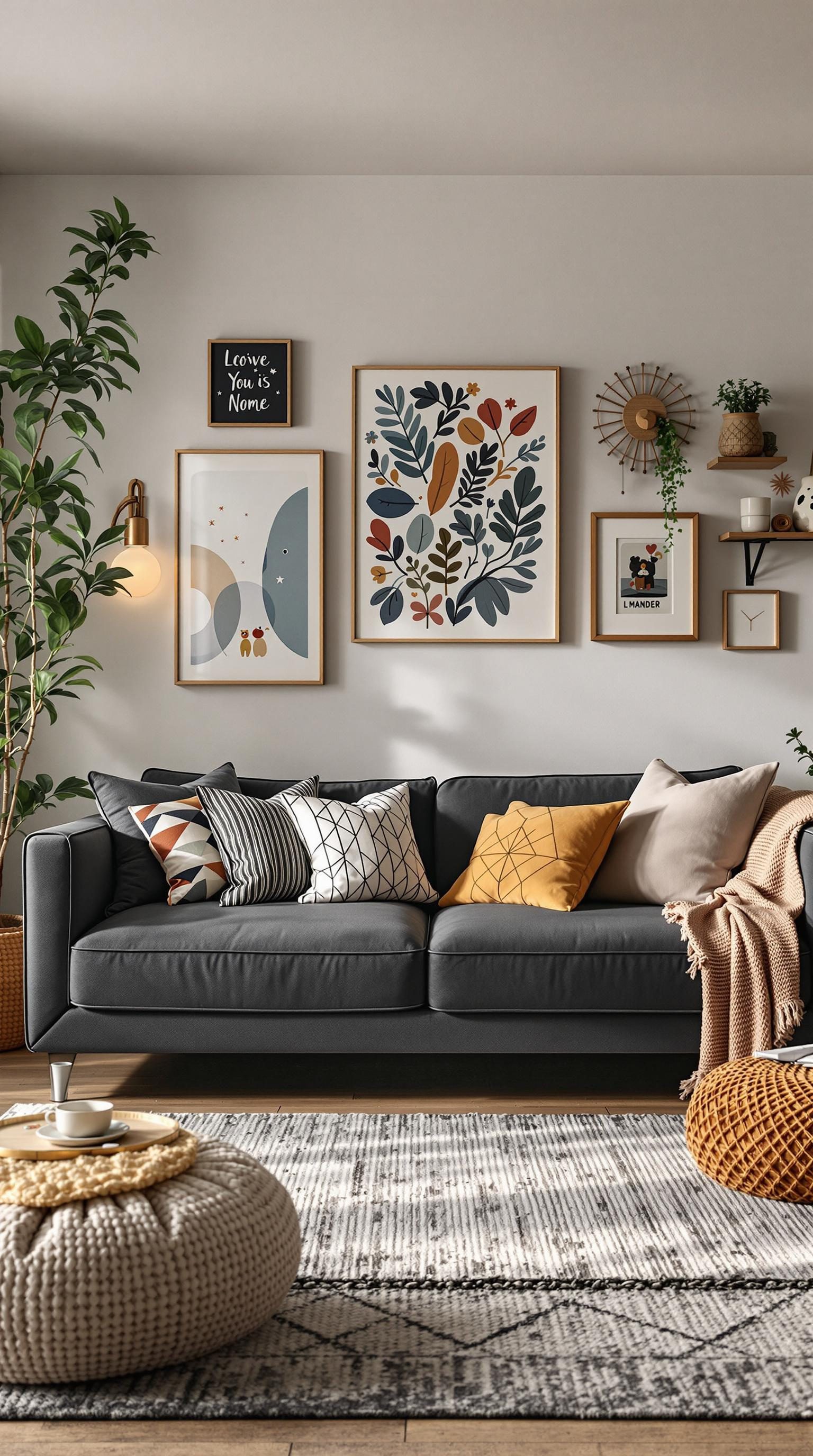 Cozy living room featuring a dark grey couch with colorful pillows and playful decor.