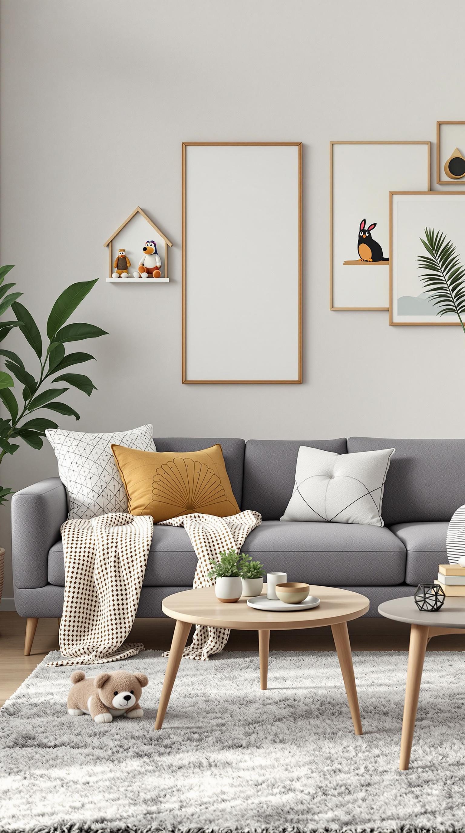 A cozy living room featuring a grey couch with decorative pillows, a soft rug, and playful decor.