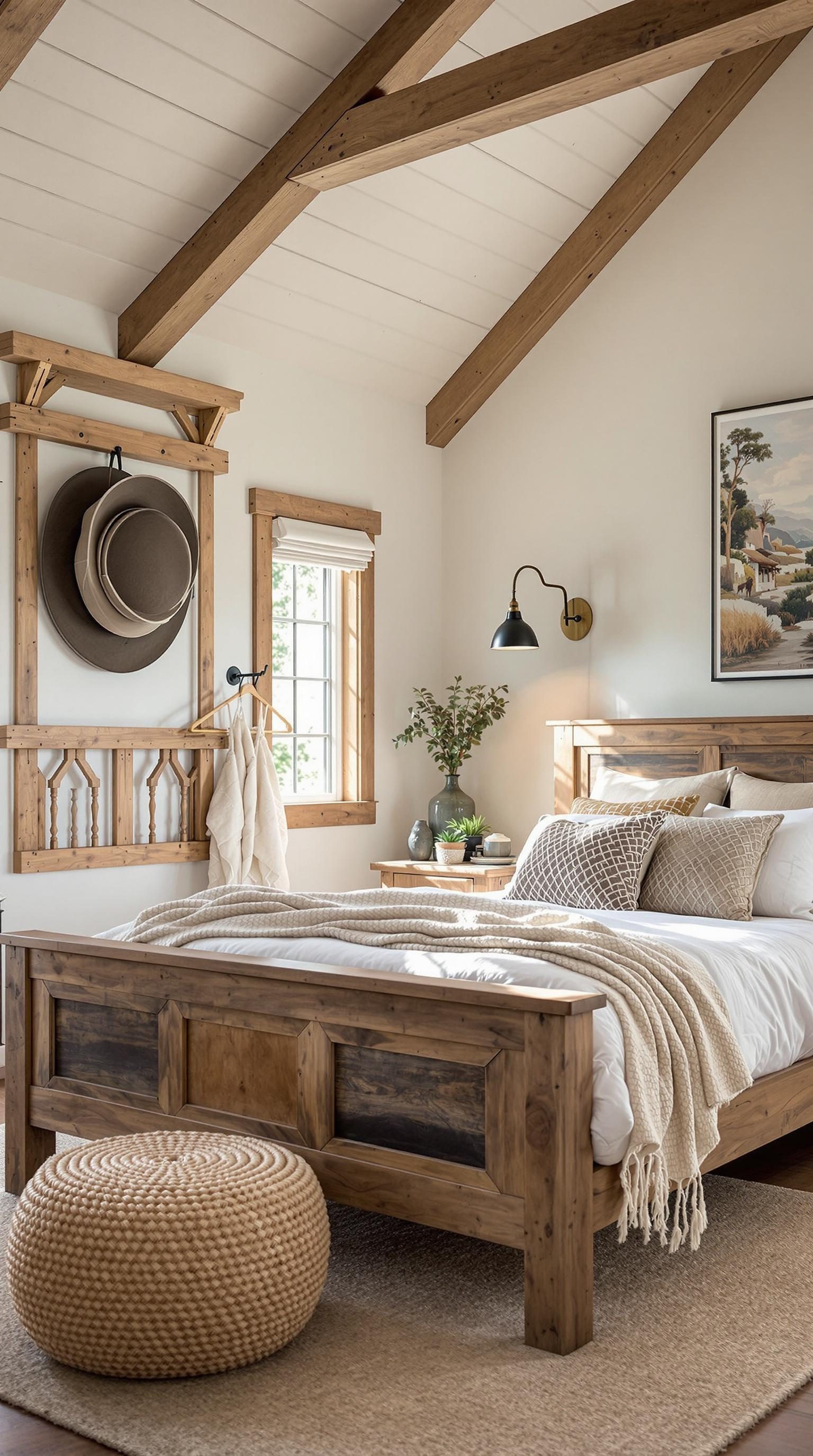 A cozy farmhouse-inspired bedroom with wooden beams, a bed with neutral linens, and rustic decor.