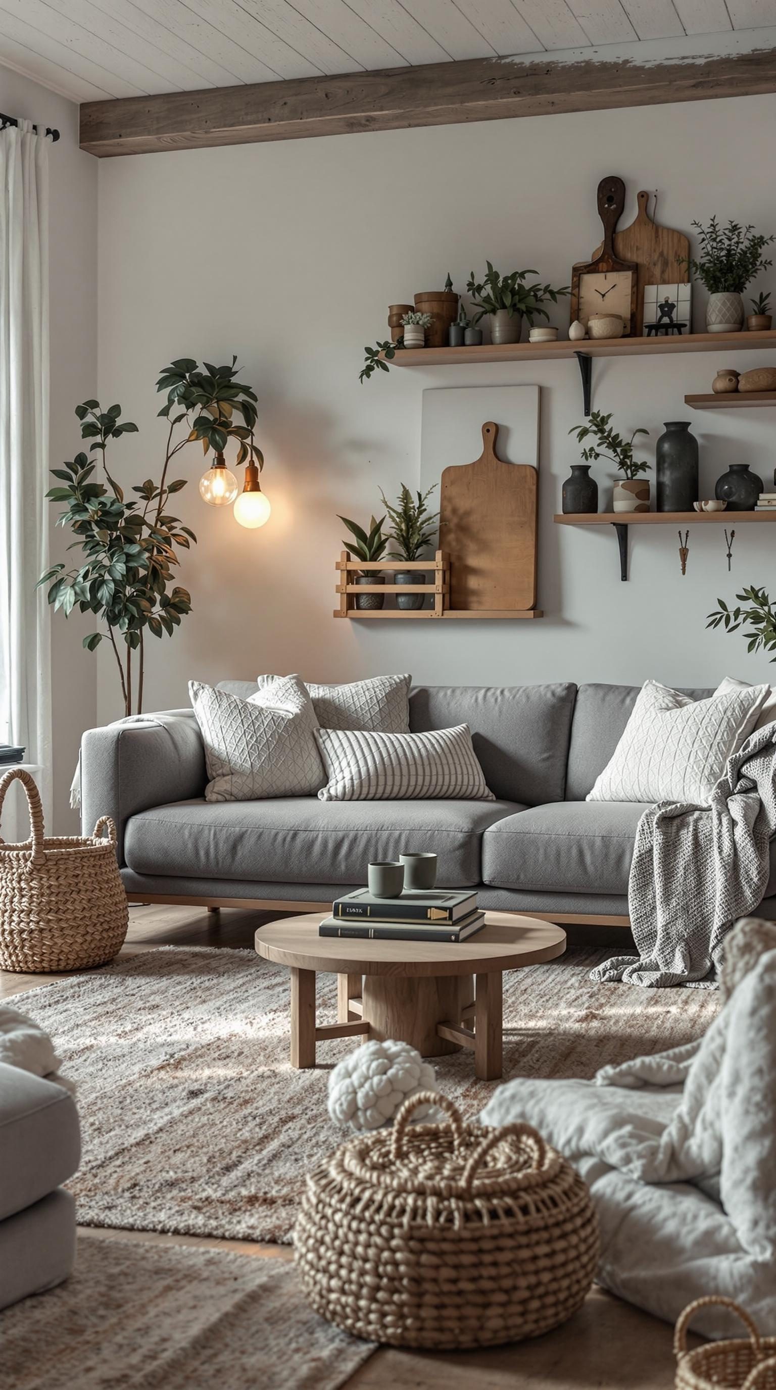 Cozy living room featuring a grey couch, soft pillows, and natural decor.