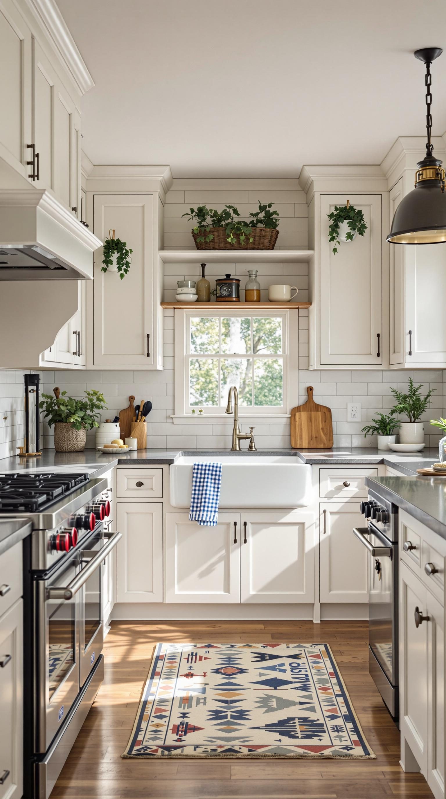 A cozy farmhouse kitchen featuring shaker cabinets, a farmhouse sink, and stylish decor.