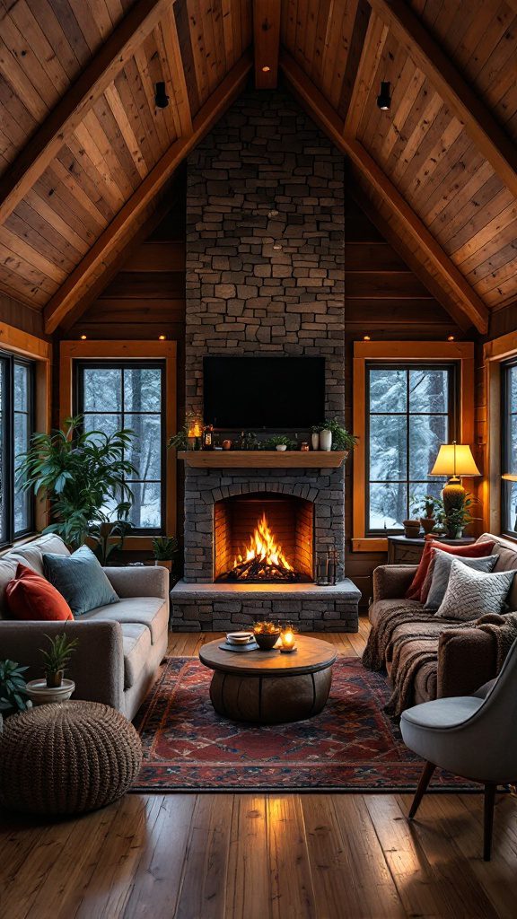 Cozy lounge area with a fireplace, large windows, and comfortable seating.