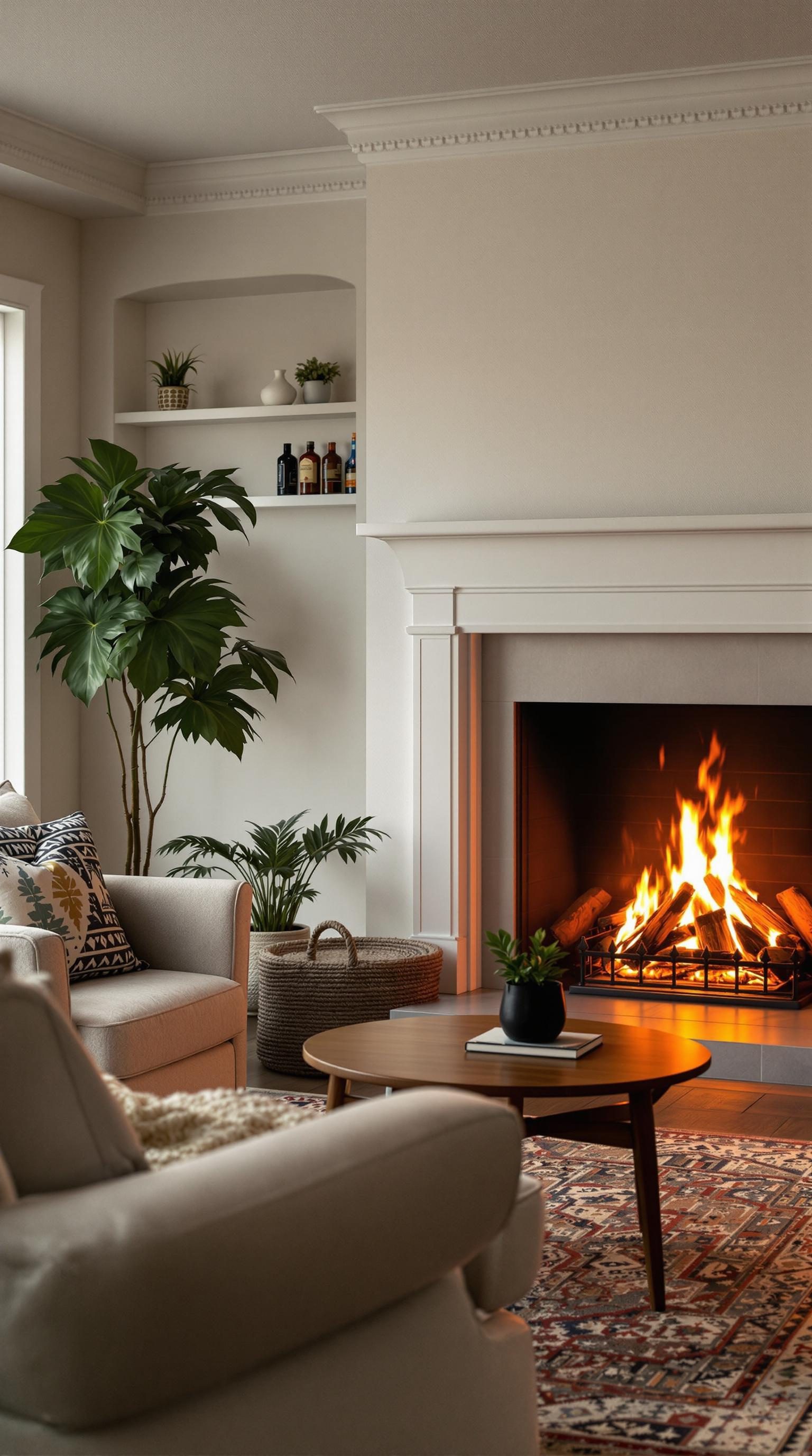 A cozy living room featuring a warm fireplace, comfortable seating, and plants.