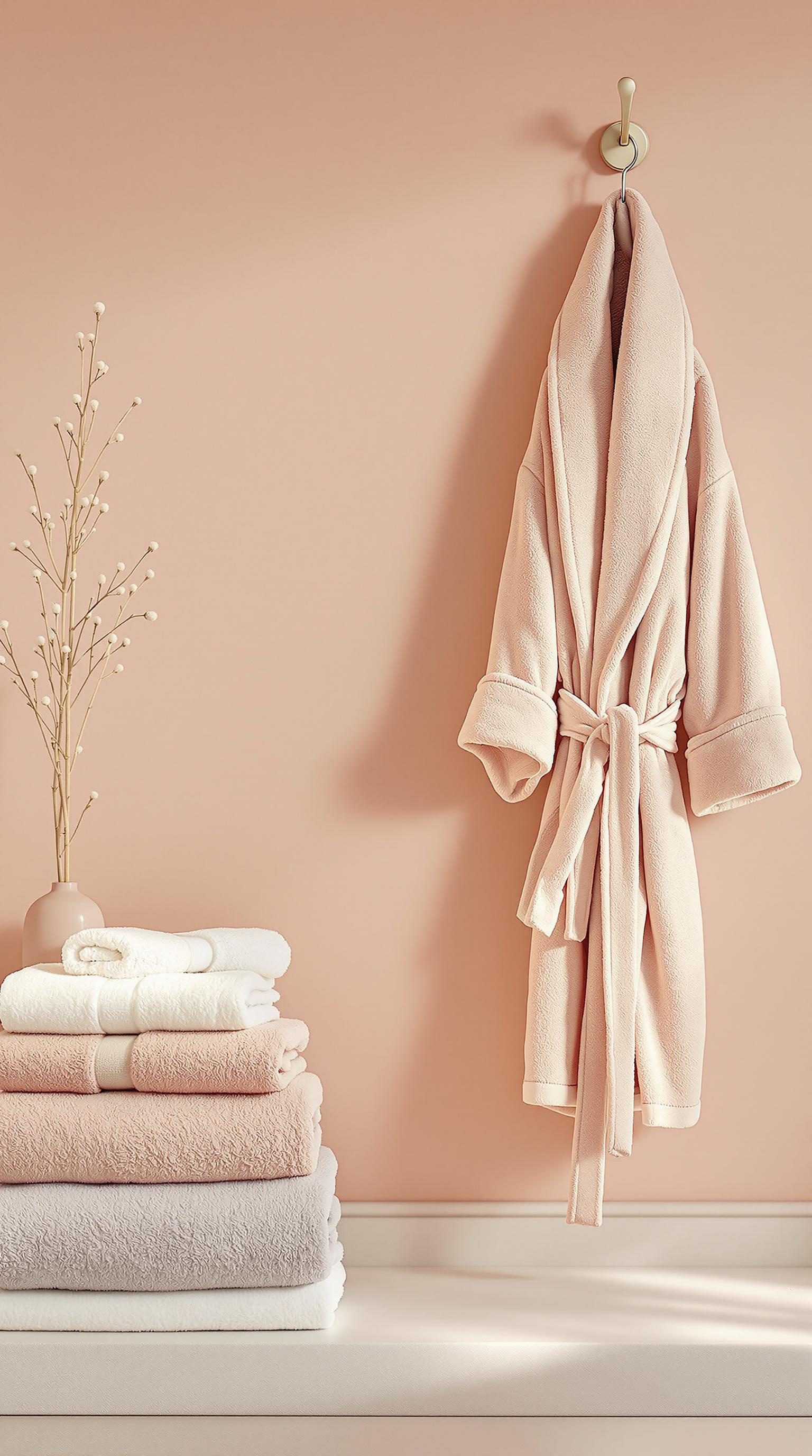 A soft pink robe hanging on a wall above neatly stacked fluffy towels in various pastel colors.