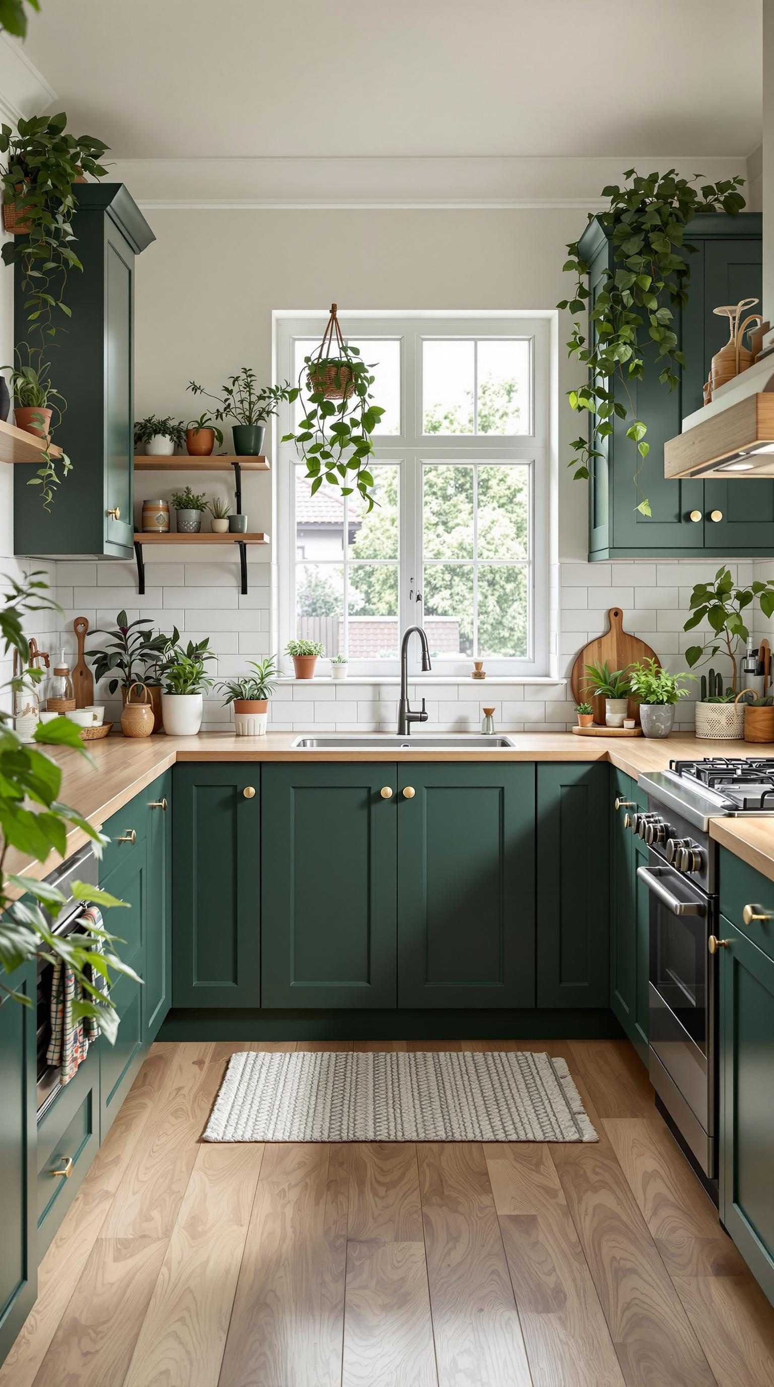 A kitchen featuring forest green cabinets, wooden countertops, and various plants for a nature-inspired look.