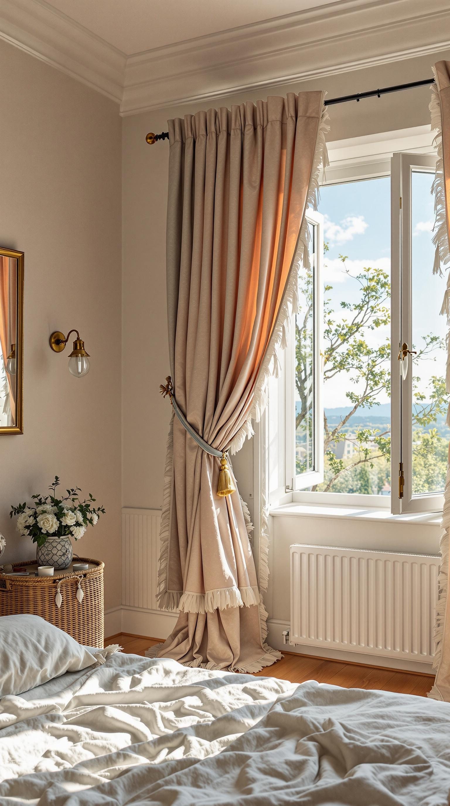 Cozy bedroom with fringed edge curtains, a bed, and a window showing a sunny day outside.