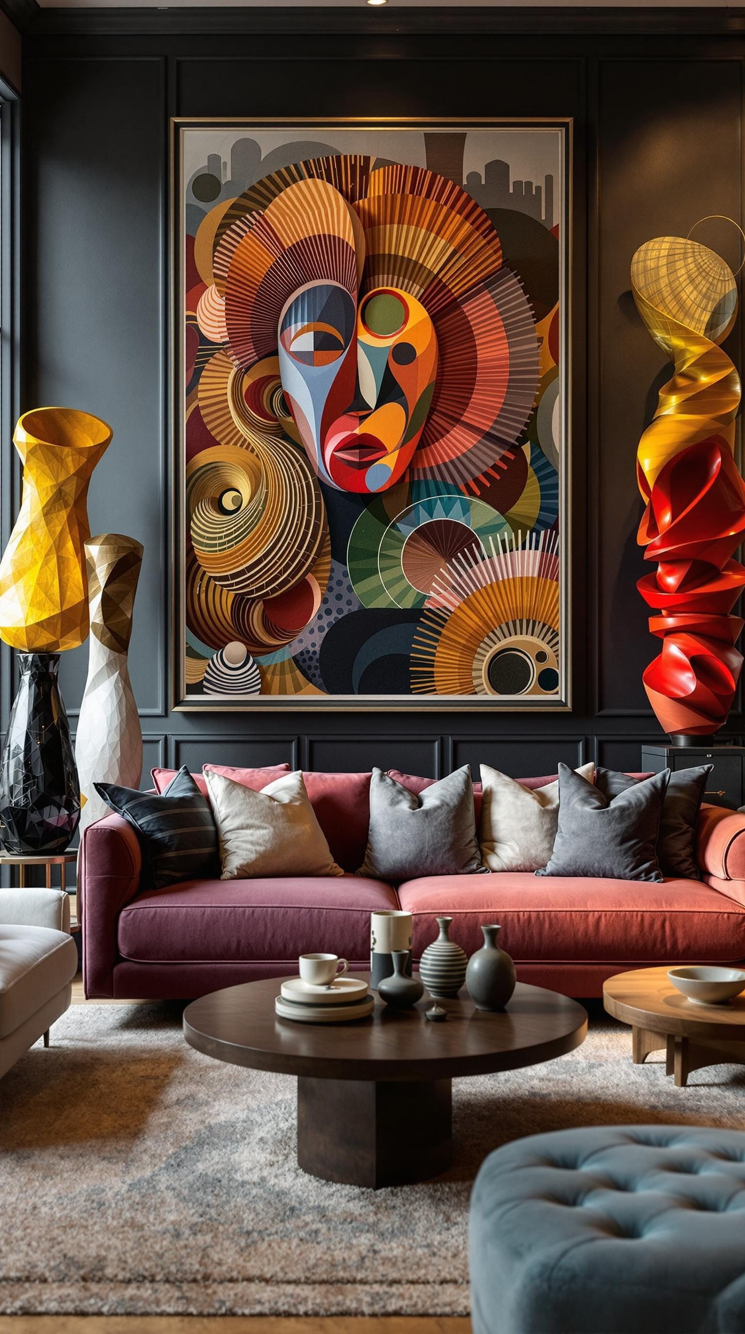 A stylish living room featuring colorful art pieces and modern furniture.