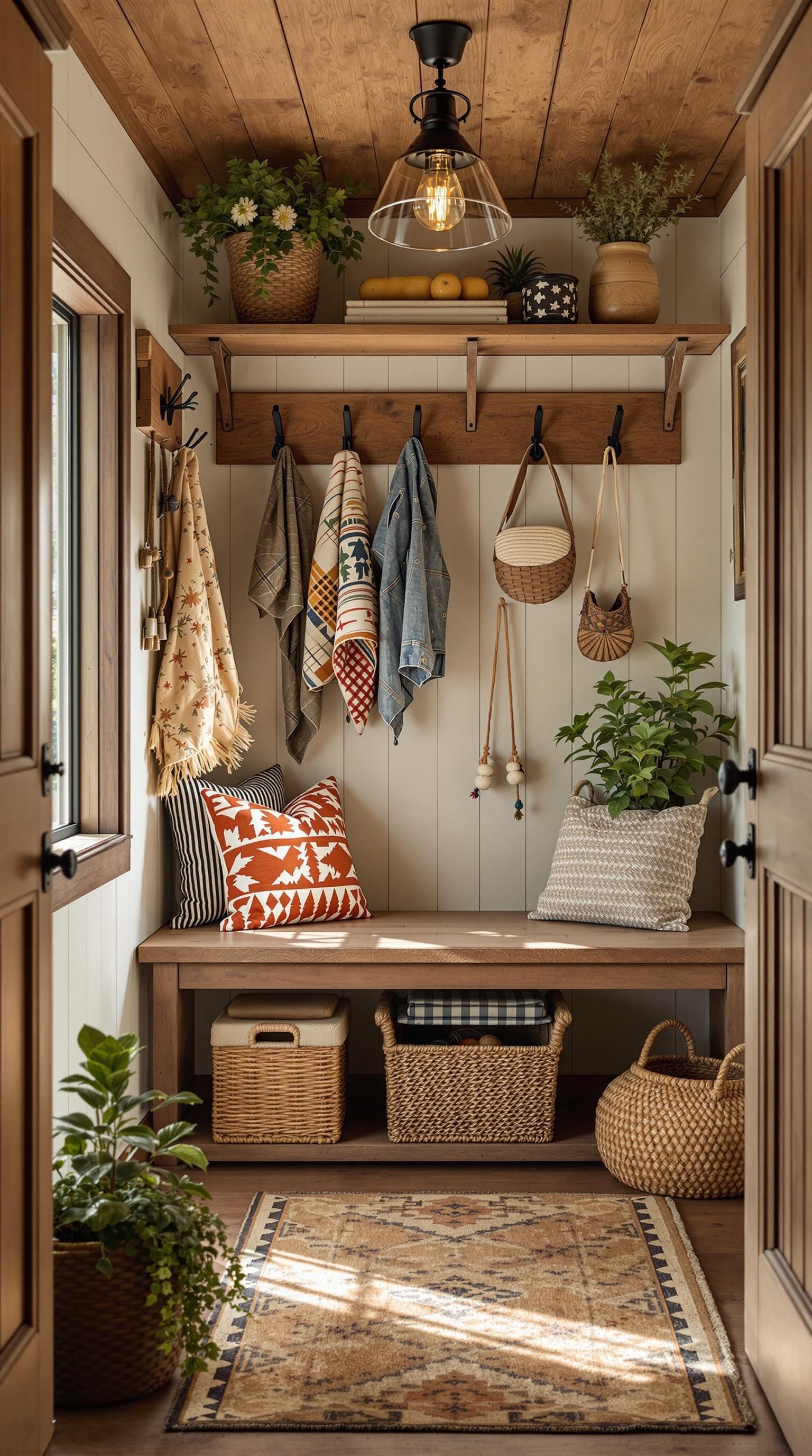 Functional entryway with a bench, hanging storage, plants, and decor.