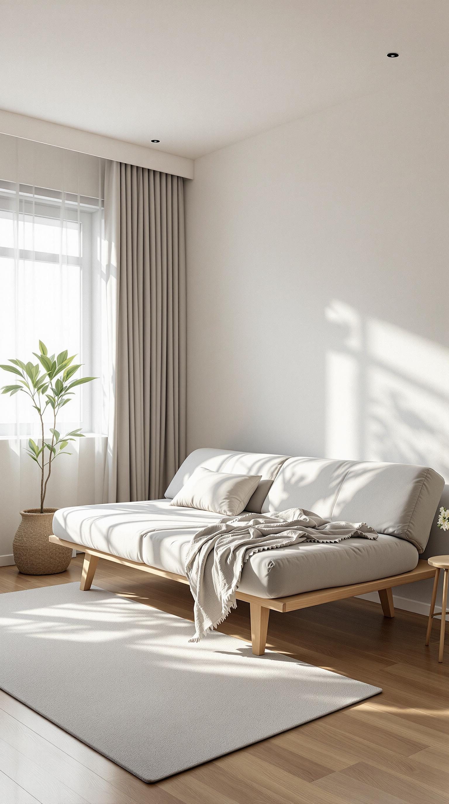 A minimalistic bedroom featuring a futon, light curtains, and a small plant by the window.