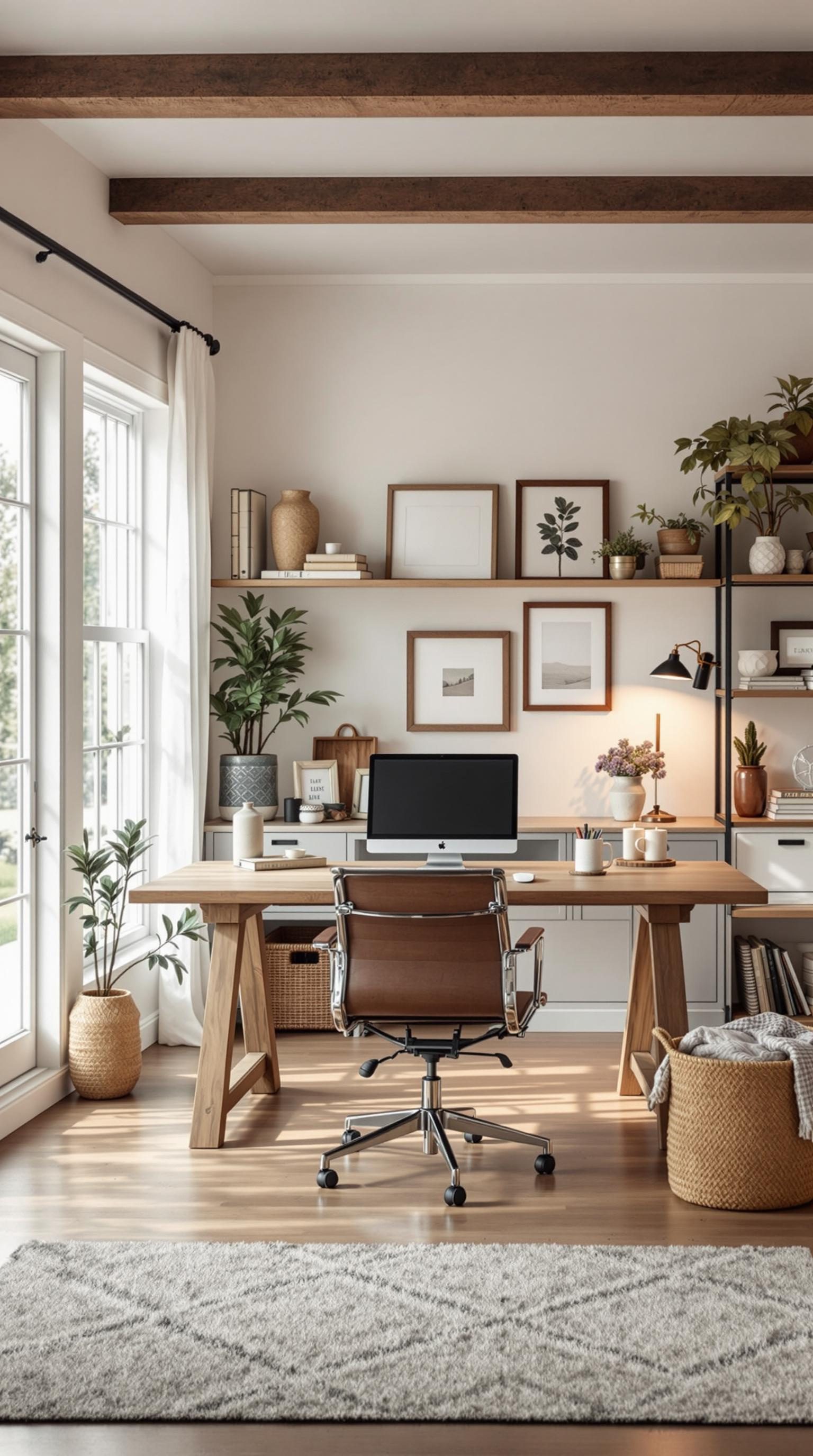 Cozy modern farmhouse style home office with wooden beams and natural decor.