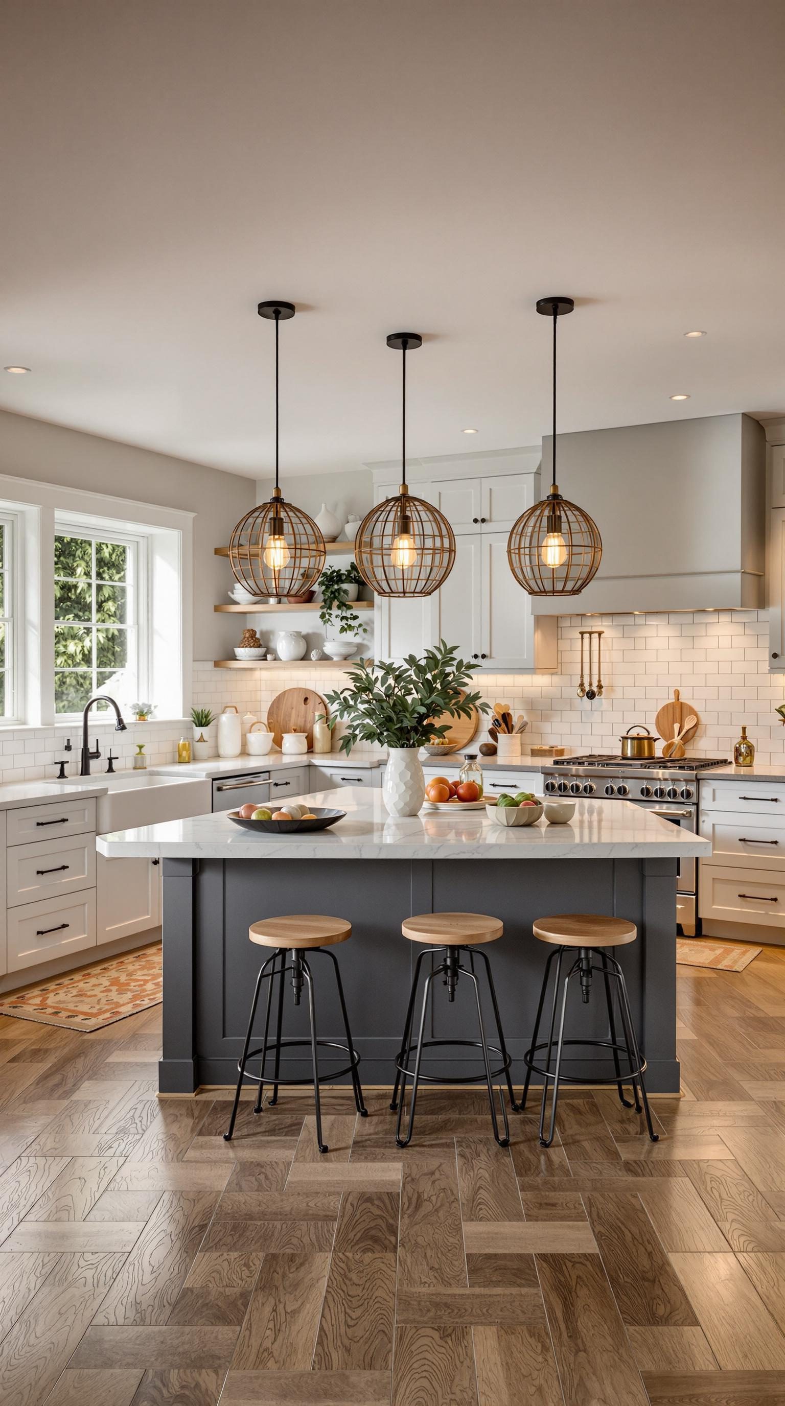 A modern kitchen with a functional island featuring marble top and wooden stools, surrounded by stylish cabinetry and pendant lights.