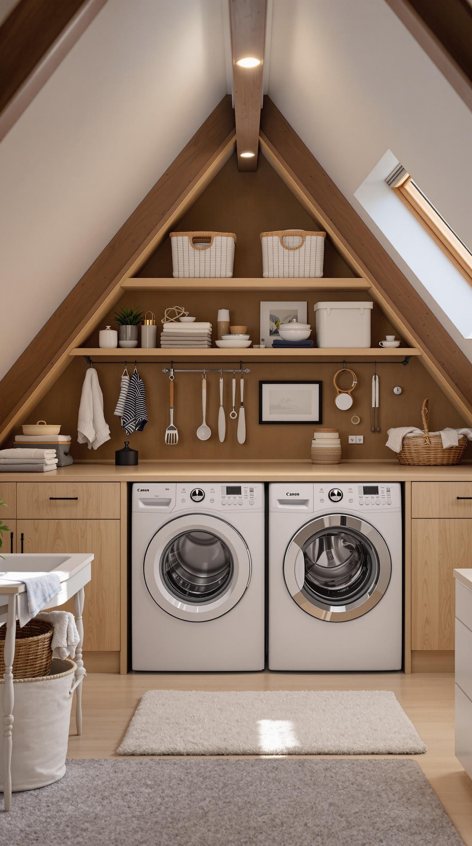 A functional laundry space in an attic featuring modern appliances and organized shelves.