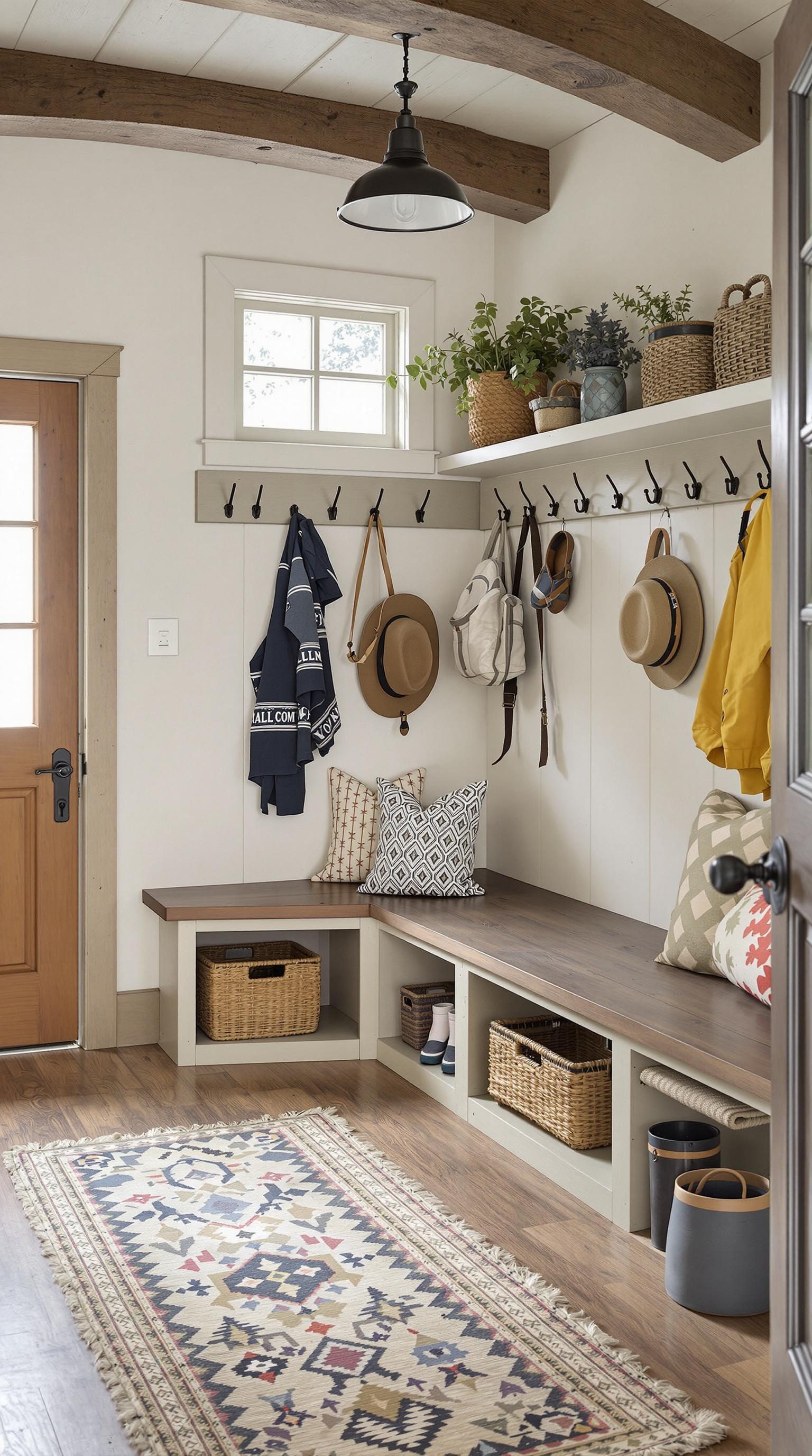 Cozy mudroom with hooks, shelves, and rustic decor.