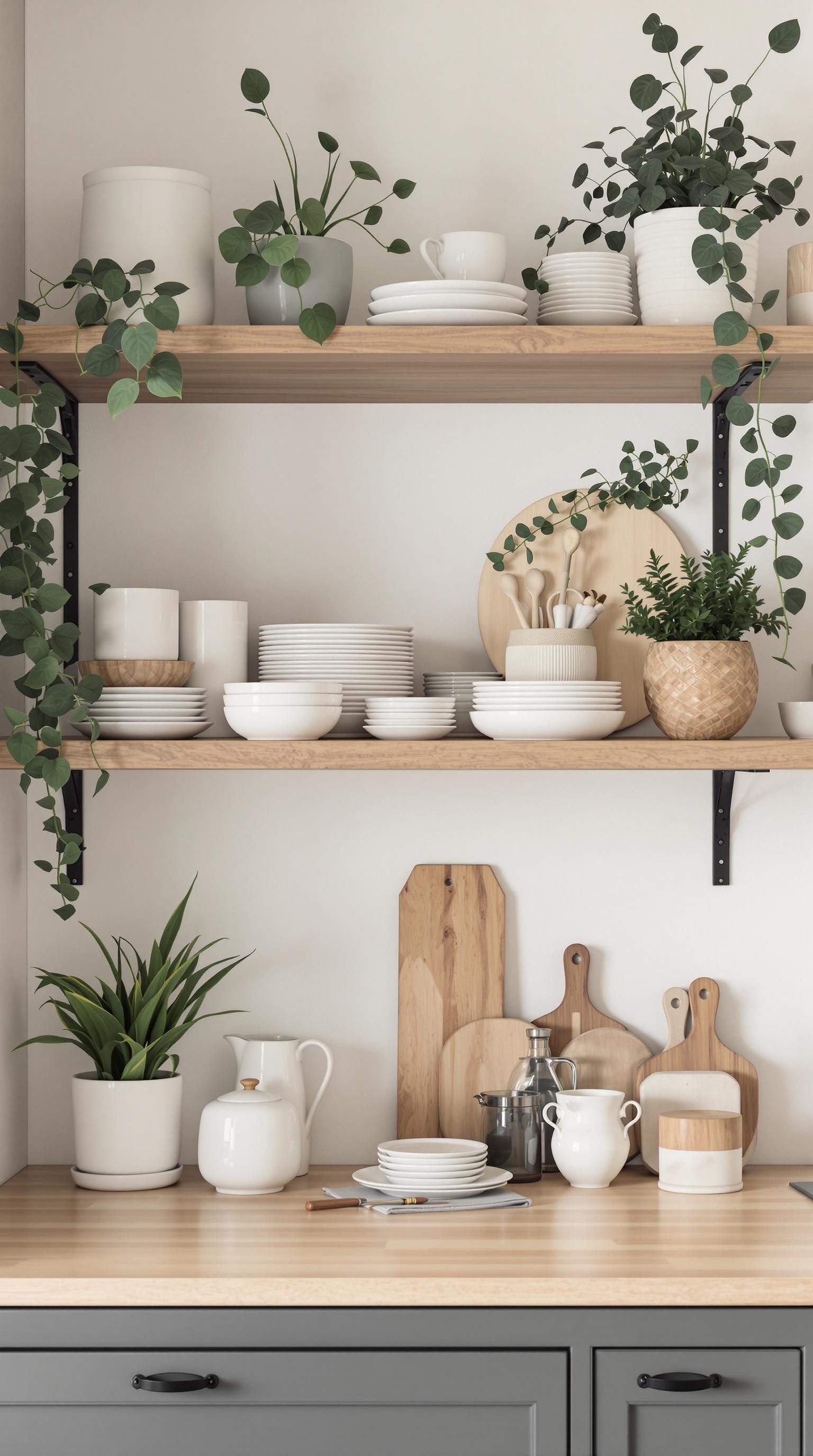 Open shelving in a modern kitchen showcasing plates, plants, and kitchenware.