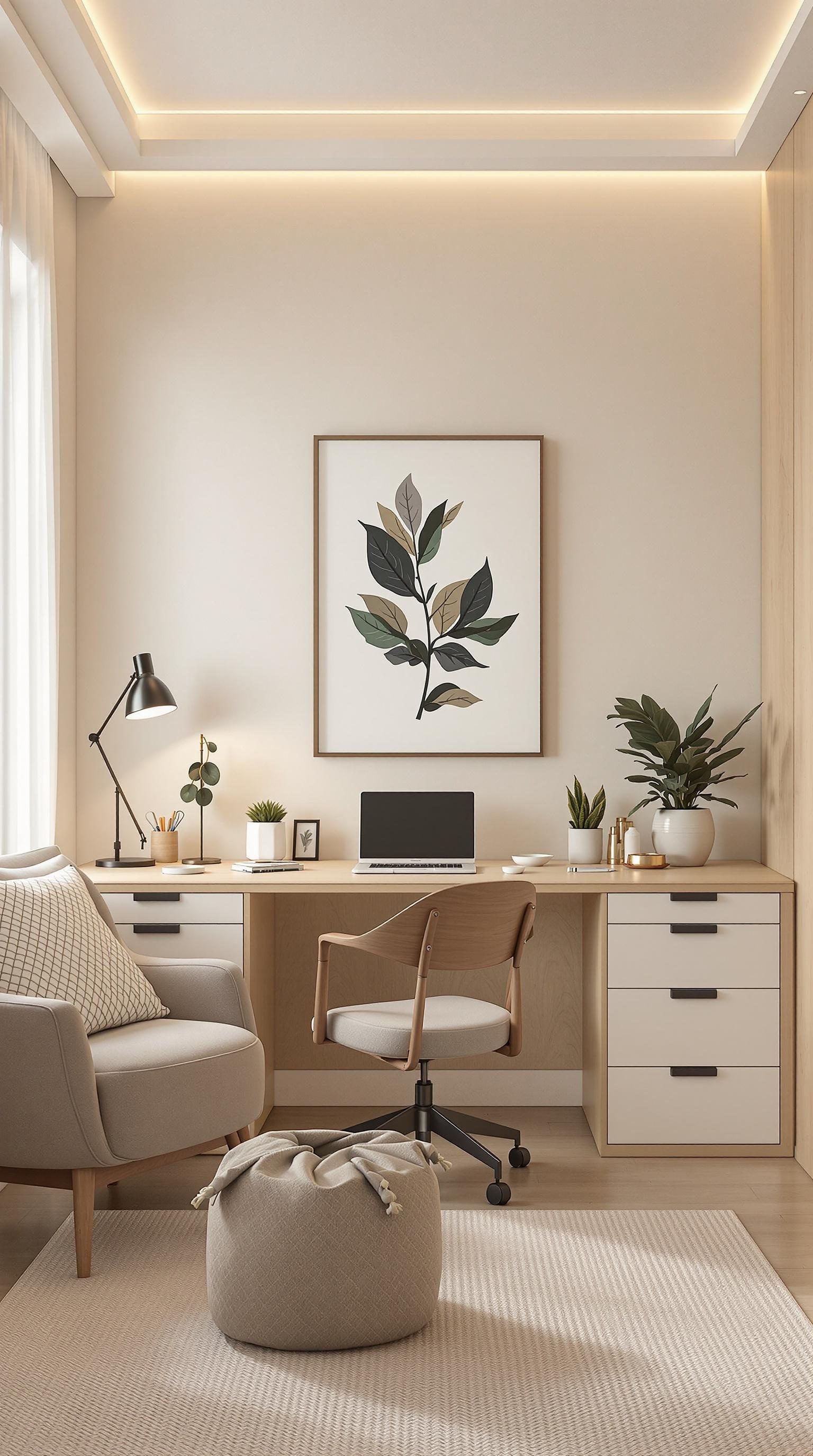 A cozy beige office space with a desk, chair, and plants.