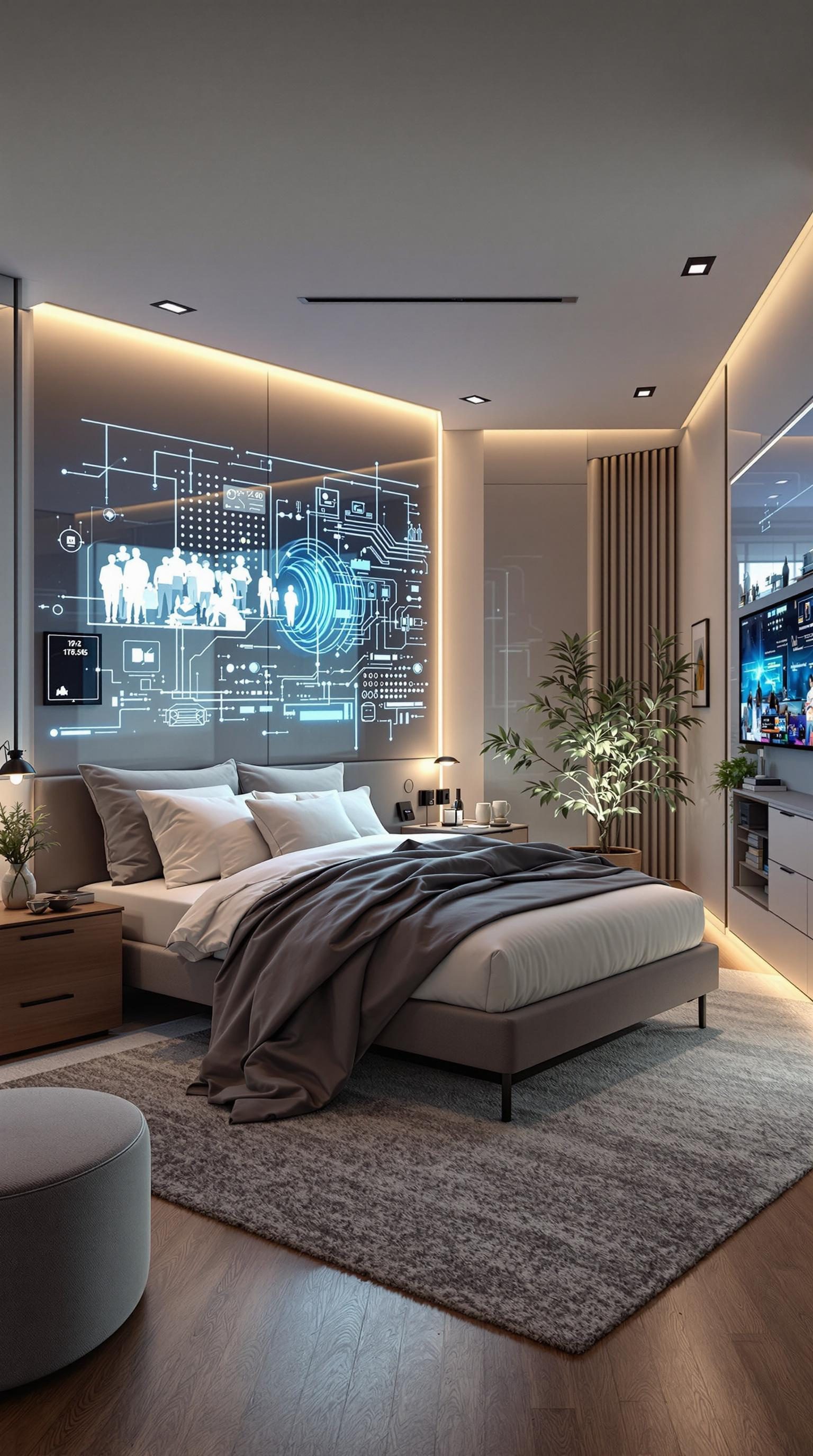 A stylish bedroom with a futuristic design featuring smart technology and modern decor.