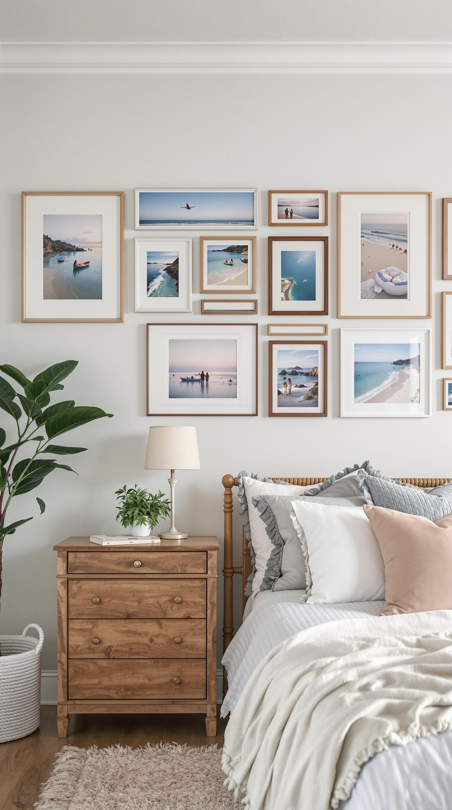 Gallery wall featuring beach photos in a coastal preppy bedroom