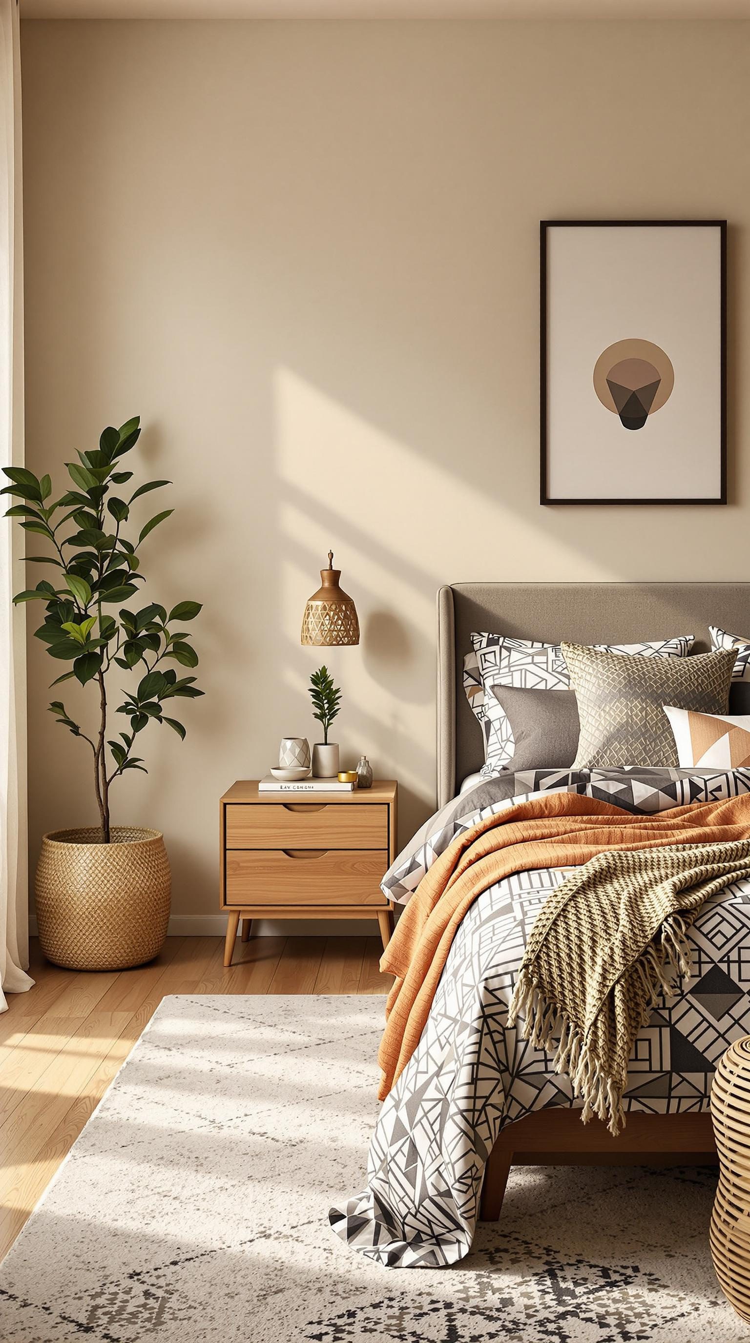 A cozy bedroom featuring geometric patterns in beige tones with modern decor.