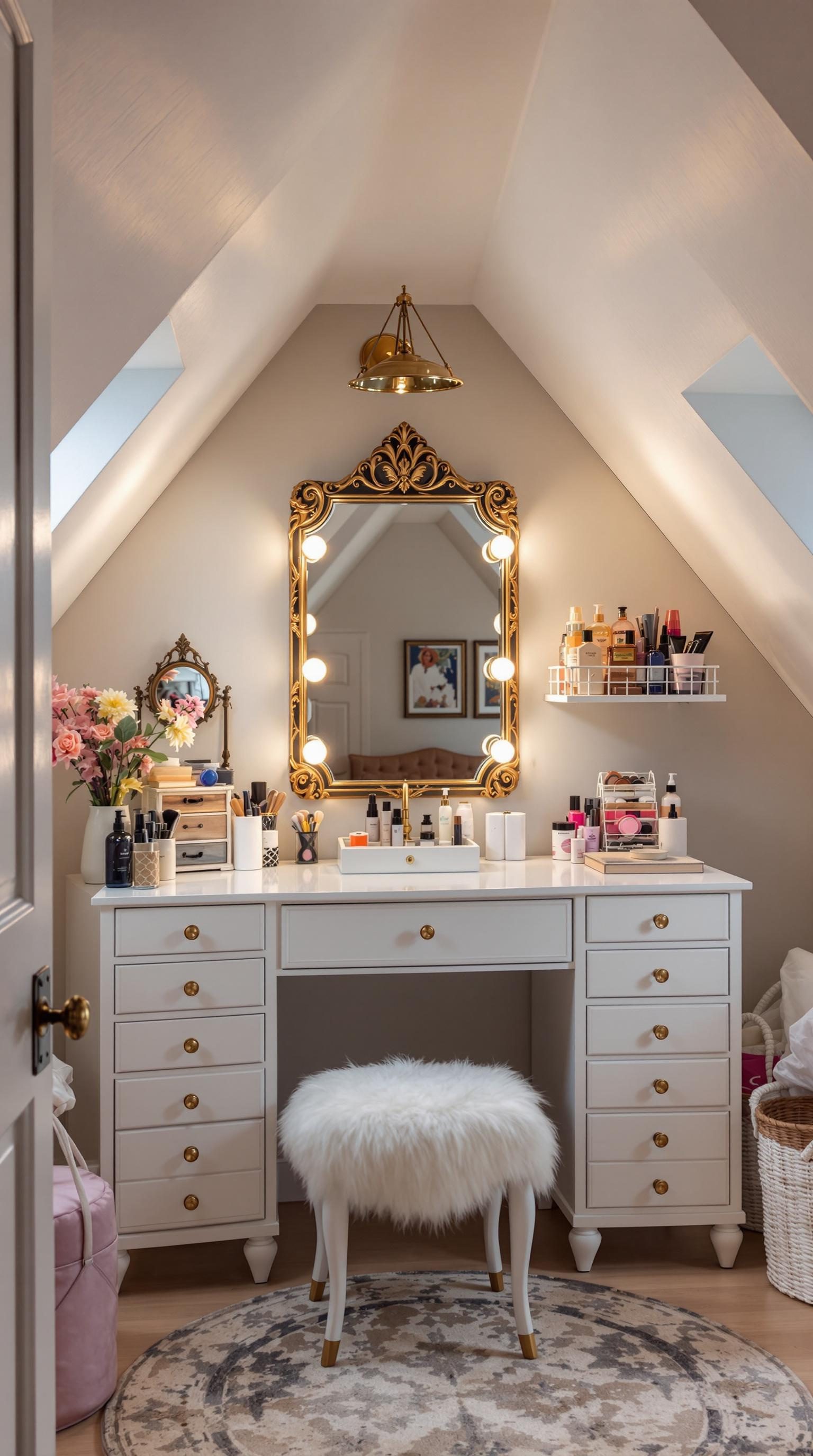 A chic dressing room with a vanity, organized makeup, and stylish decor in a small attic setting.