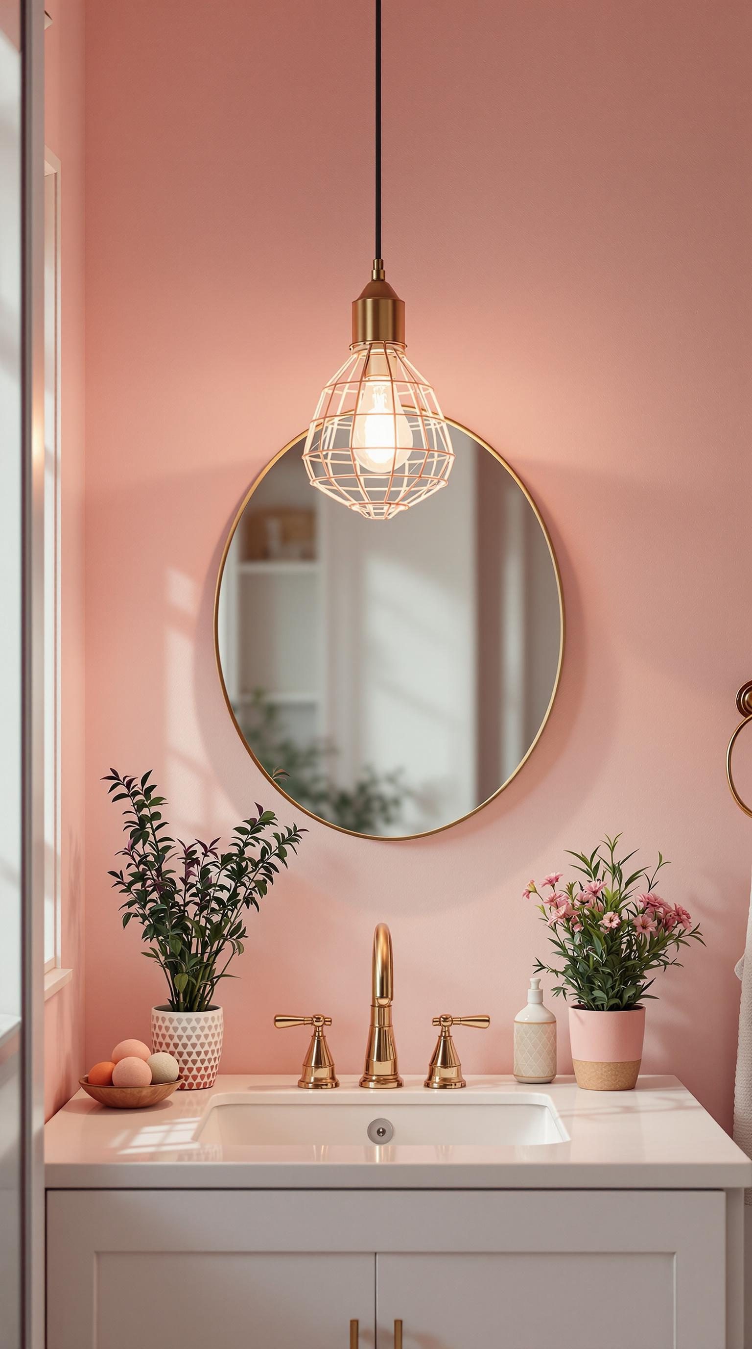 A stylish bathroom featuring pink walls, a round mirror, and a pendant light.