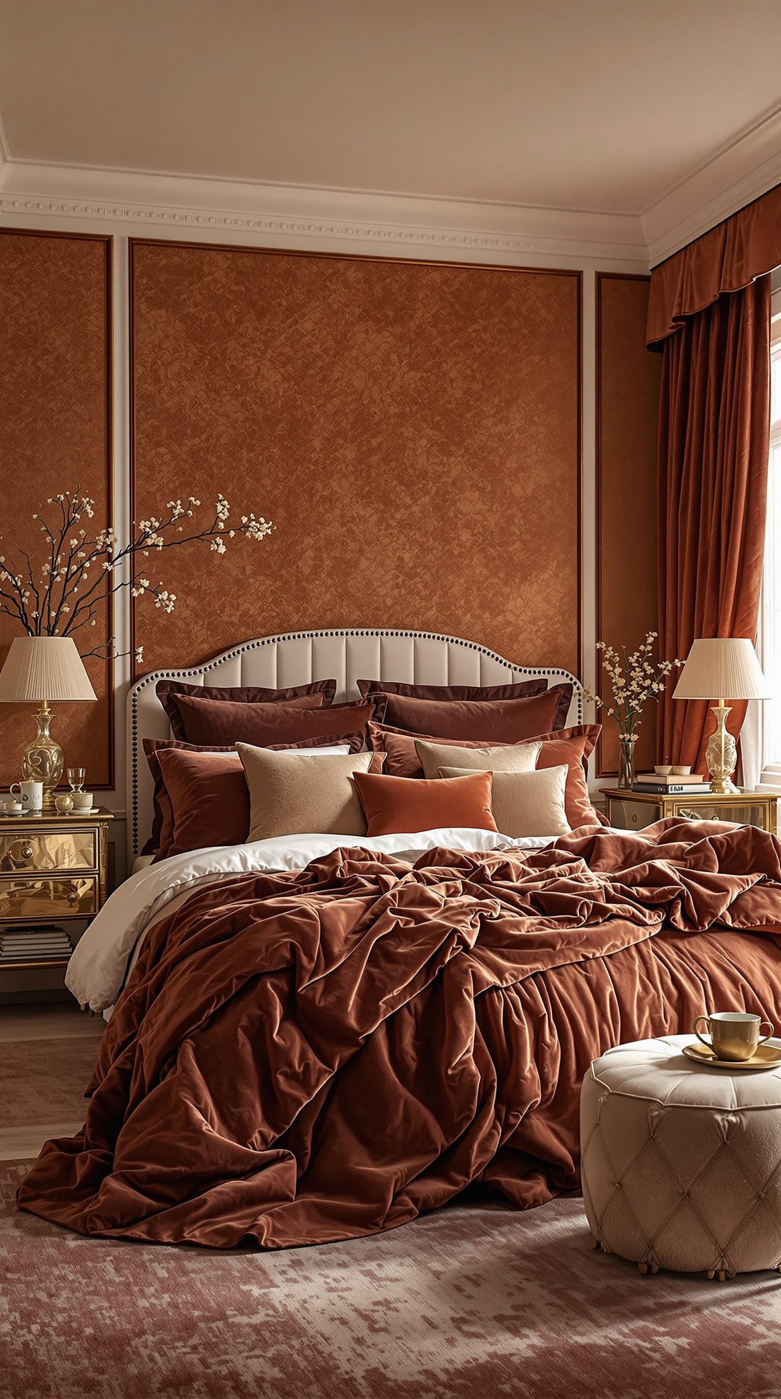 A stylish bedroom featuring warm velvet bedding, elegant decor, and a cozy atmosphere.