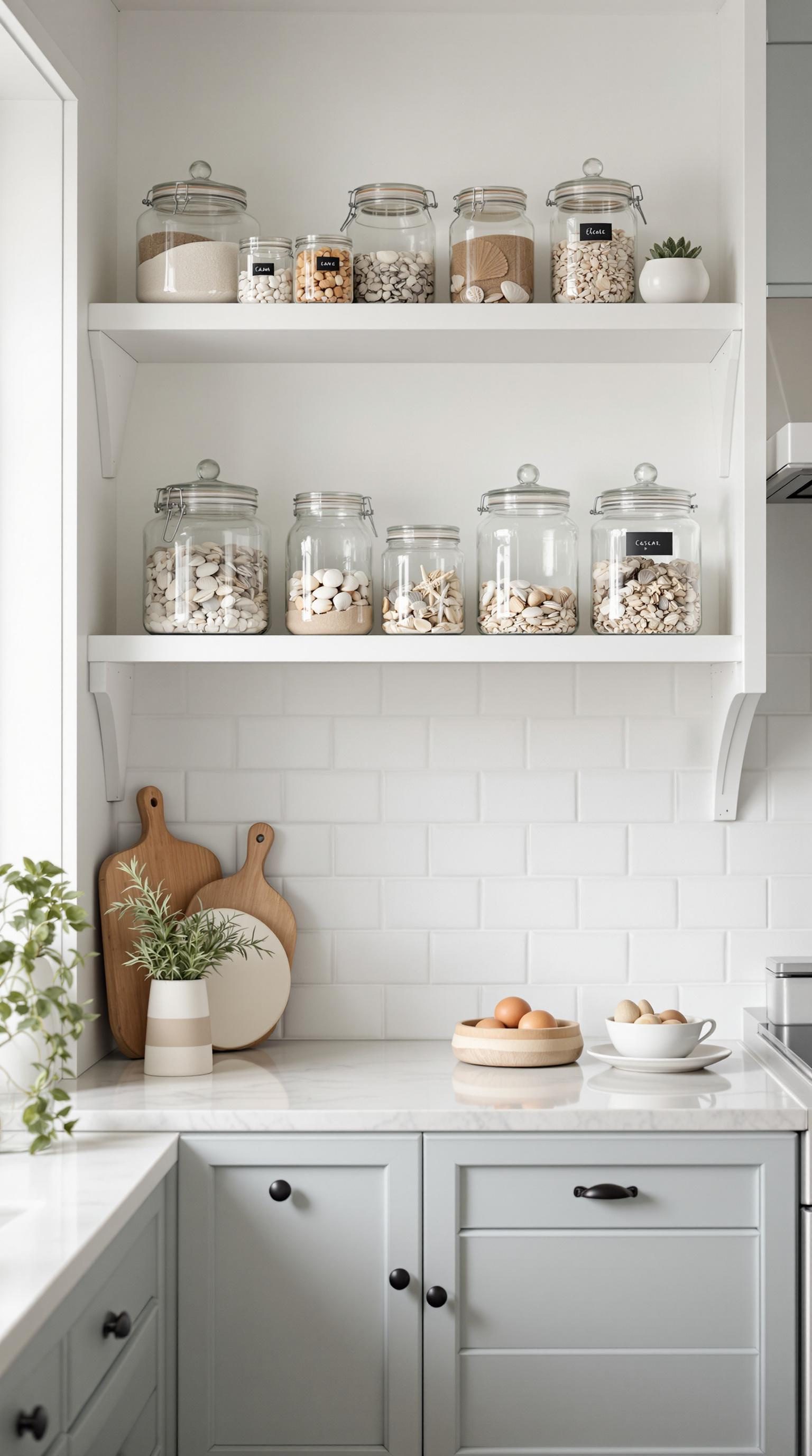 A stylish kitchen with glass jars filled with coastal items on shelves.