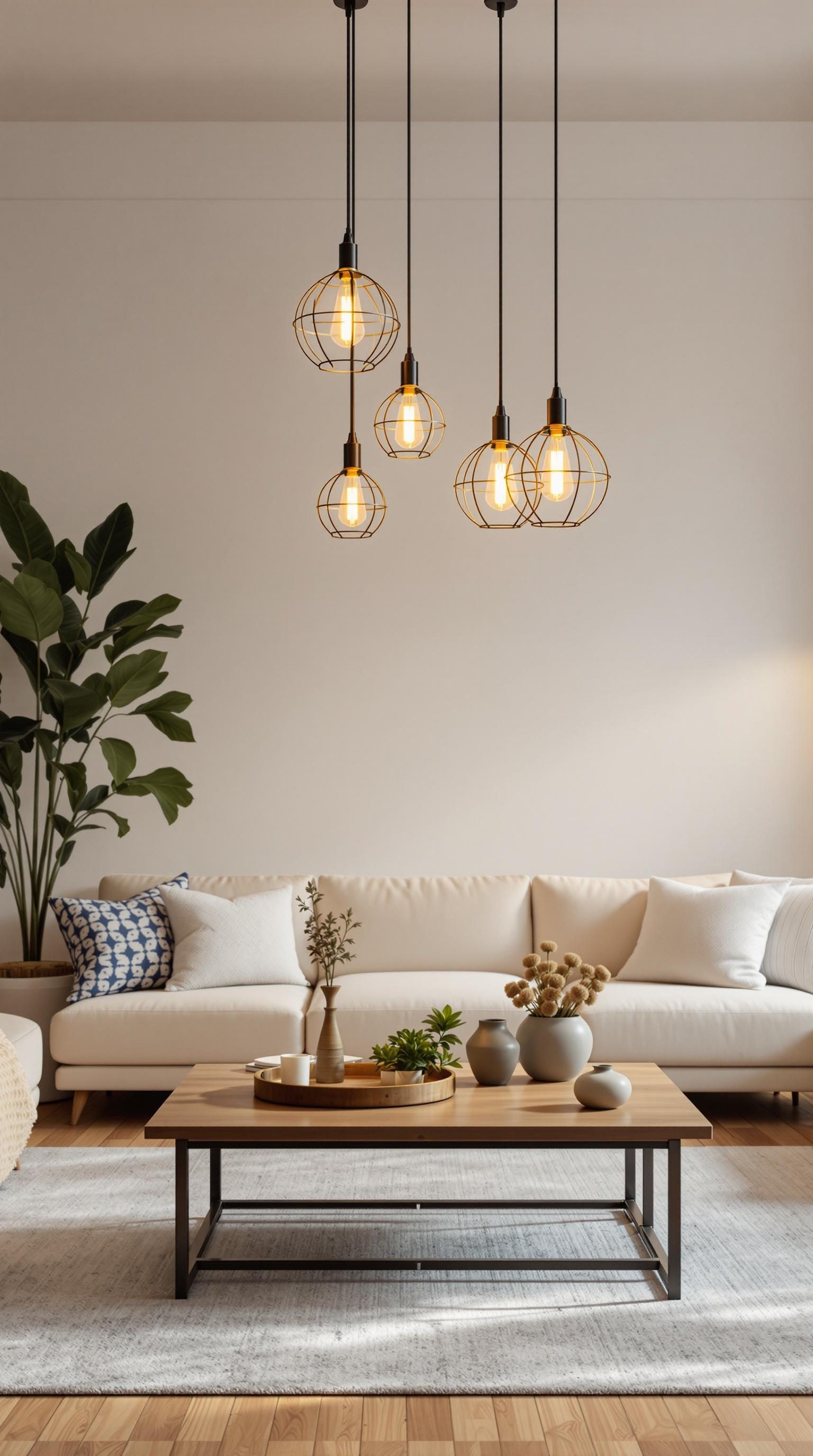 A cozy living room featuring hanging pendant lights above a wooden coffee table.