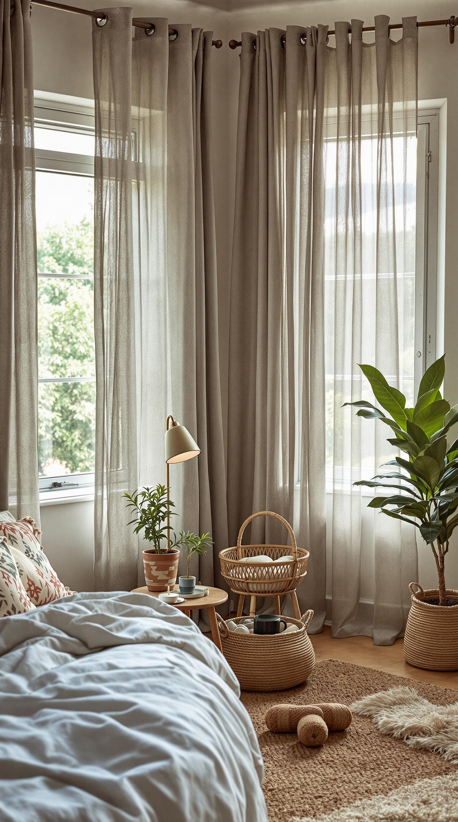 A cozy bedroom with sheer hemp fiber curtains, plants, and a warm color palette.