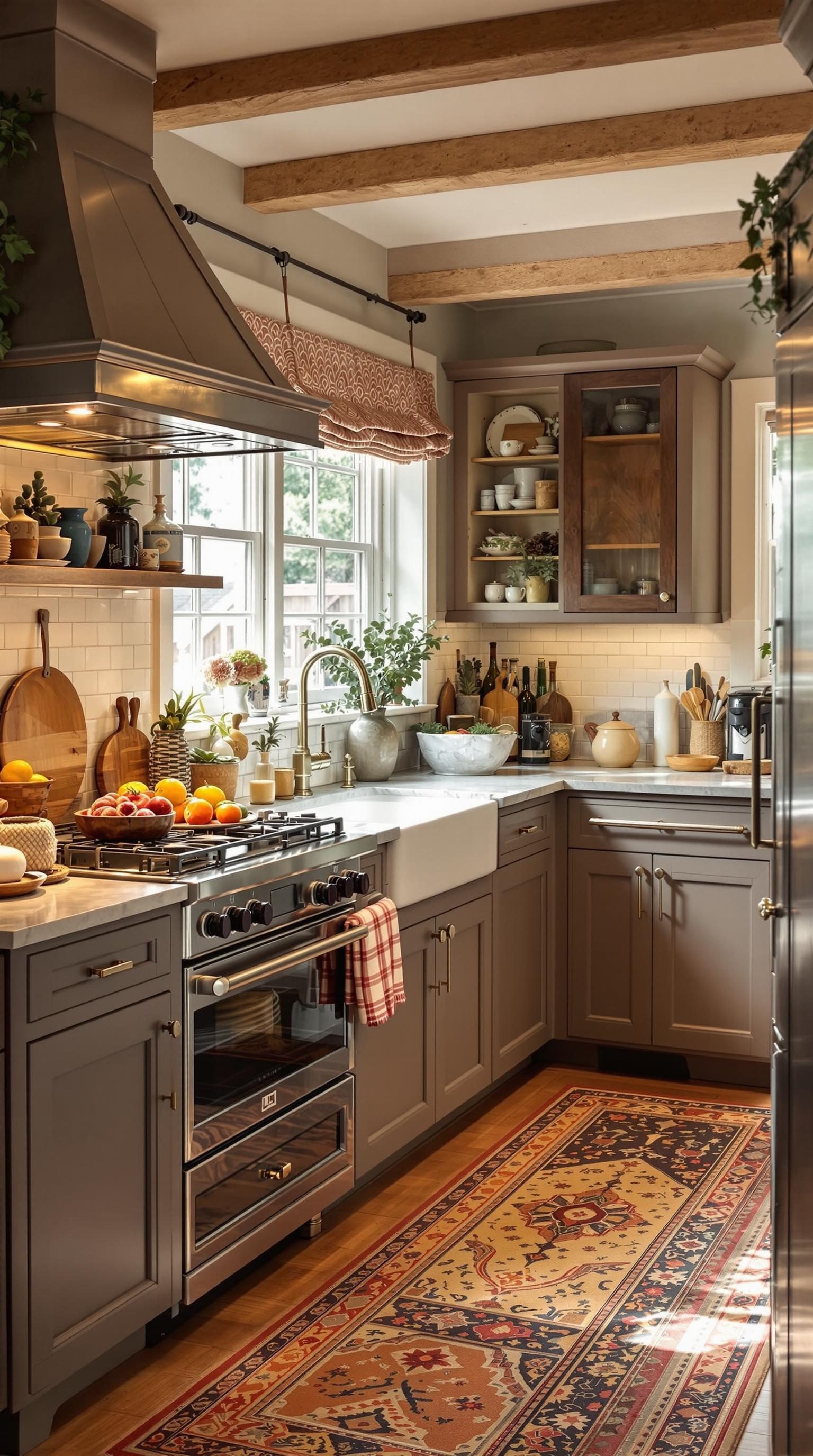 Cozy kitchen with soft textiles and natural elements