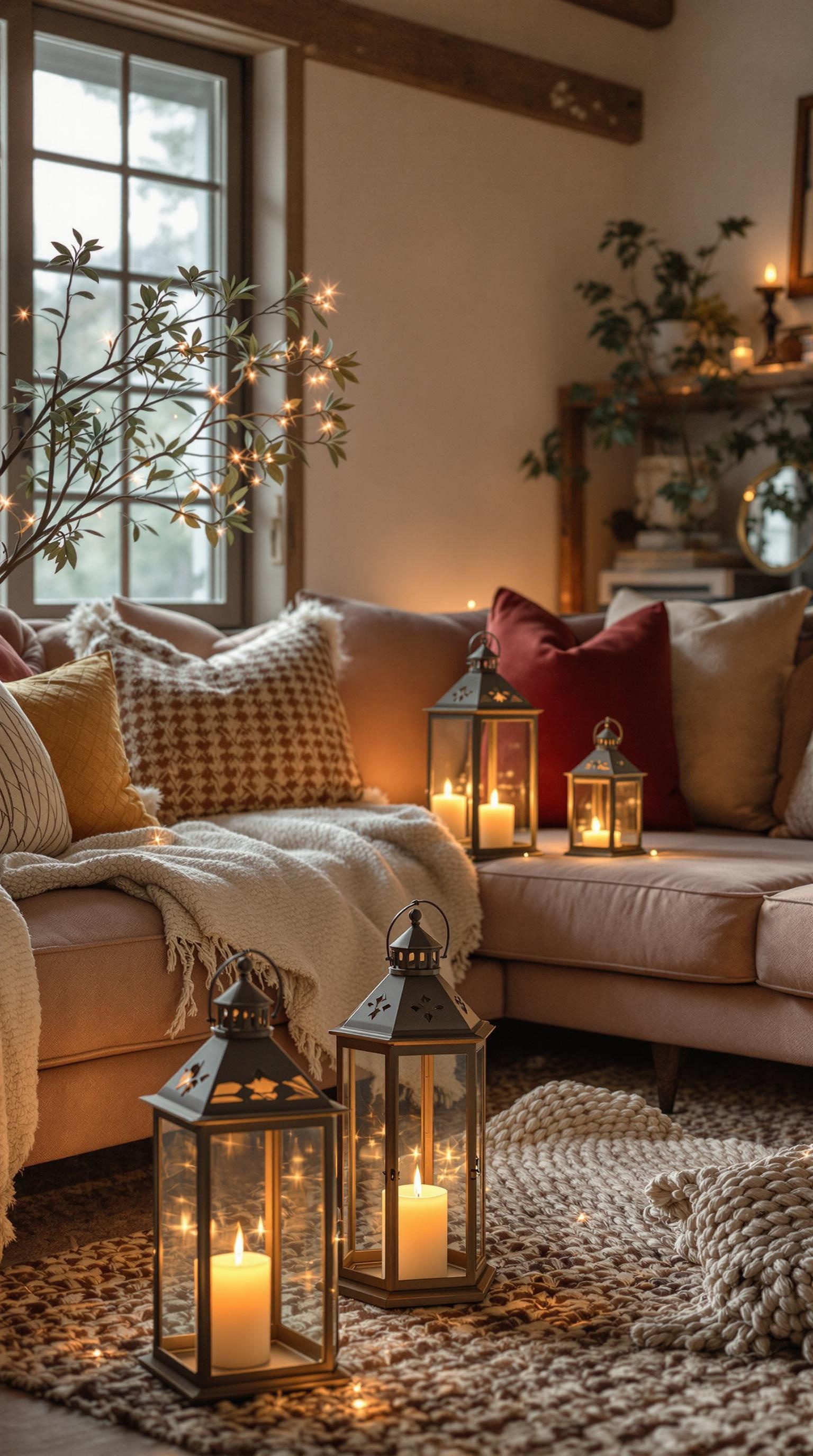 A cozy living room with lanterns and warm lighting.