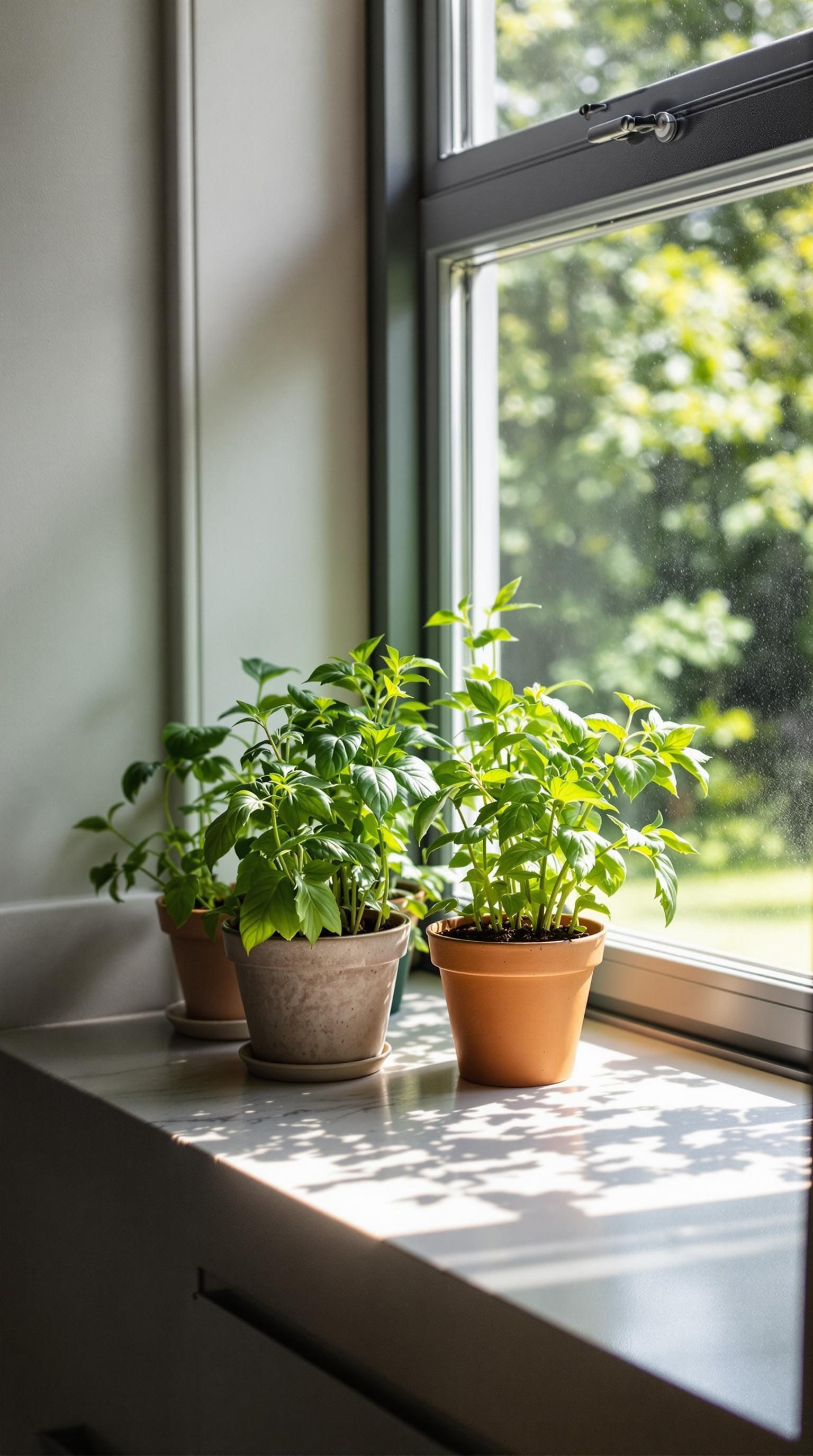 Indoor garden with potted plants on a windowsill.