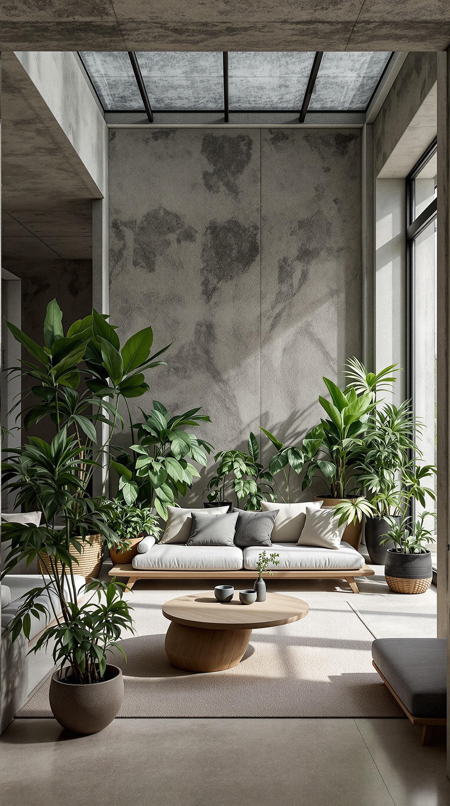 A modern living room featuring various indoor plants, a comfortable sofa, and a stylish coffee table.