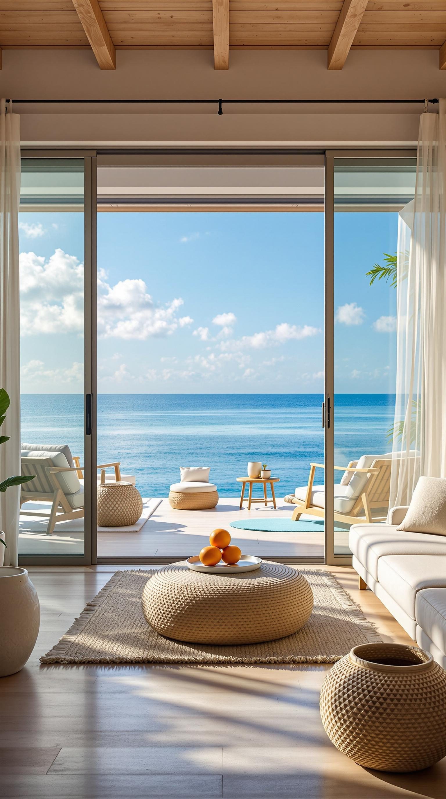 A coastal living room with sliding doors opening to a beach view.